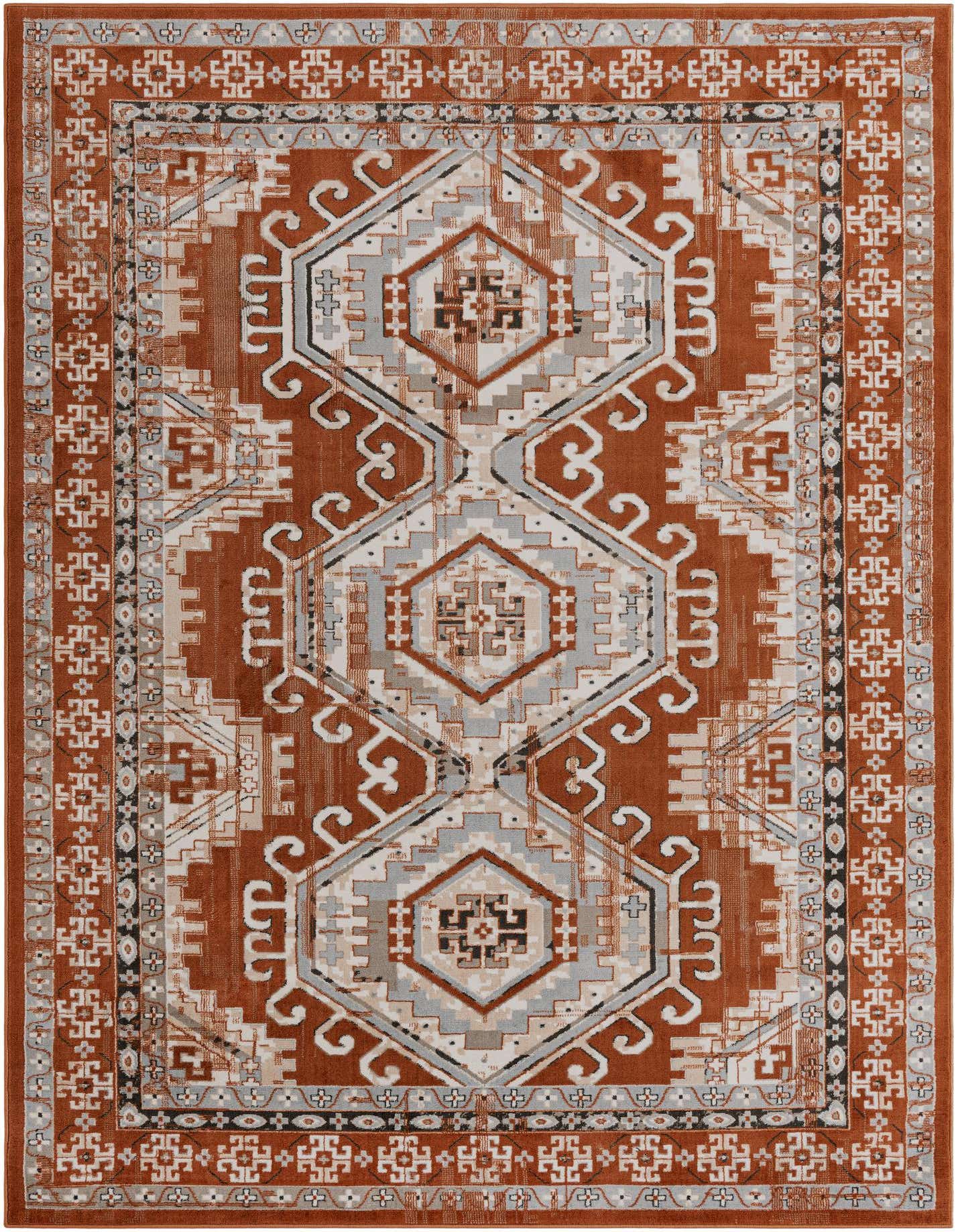 8x11 rectangular Charlotte rug featuring a Southwestern tribal pattern in shades of orange, red, gray, and white.