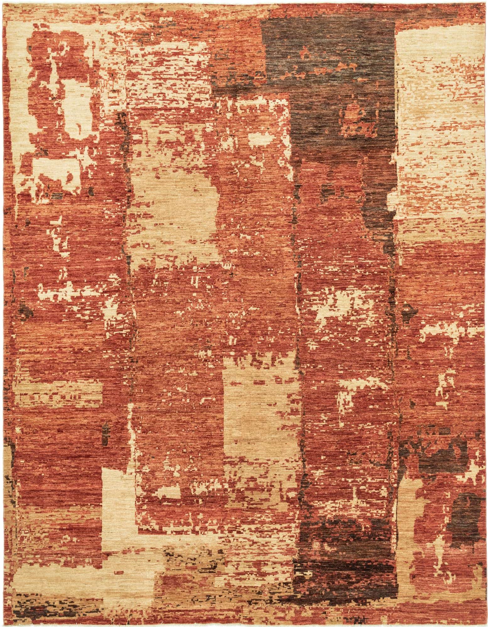 A 9x11 rectangular modern abstract rug featuring a distressed pattern in shades of orange, red, and cream.