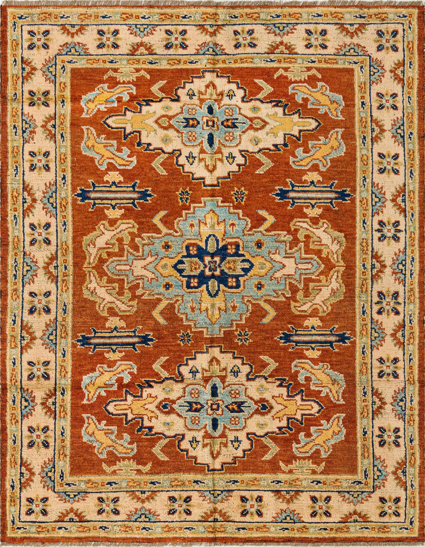 A 5x8 rectangular Darya rug in oranges and reds with a traditional medallion pattern and intricate border.