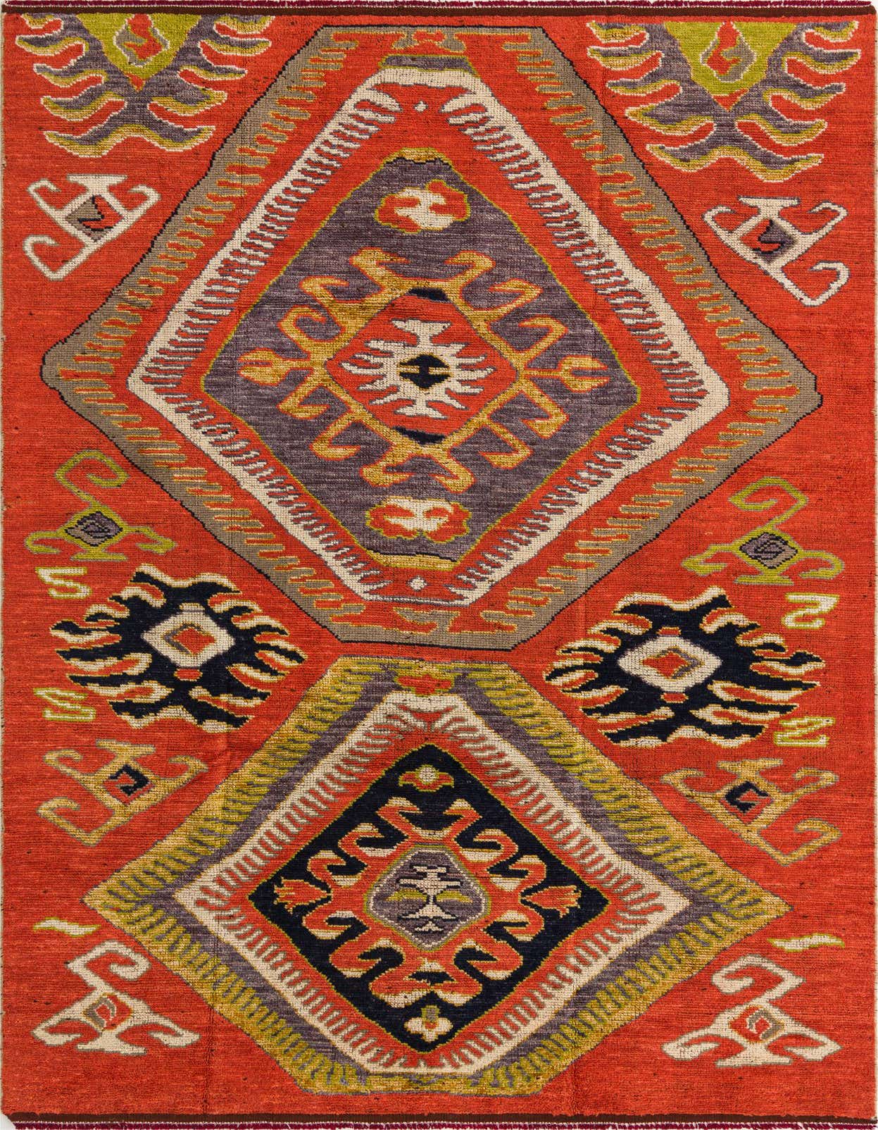 A vibrant 7x10 rectangular Darya rug with a traditional Oriental pattern in oranges, reds, and deep blues.