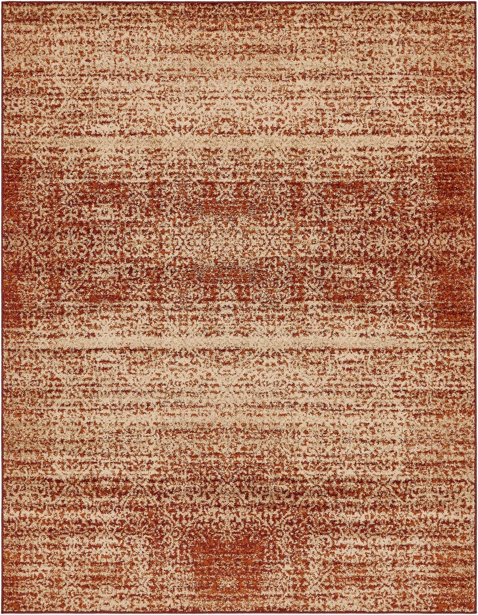 An 8x10 rectangular rug featuring an abstract, distressed pattern in varying shades of orange and red.