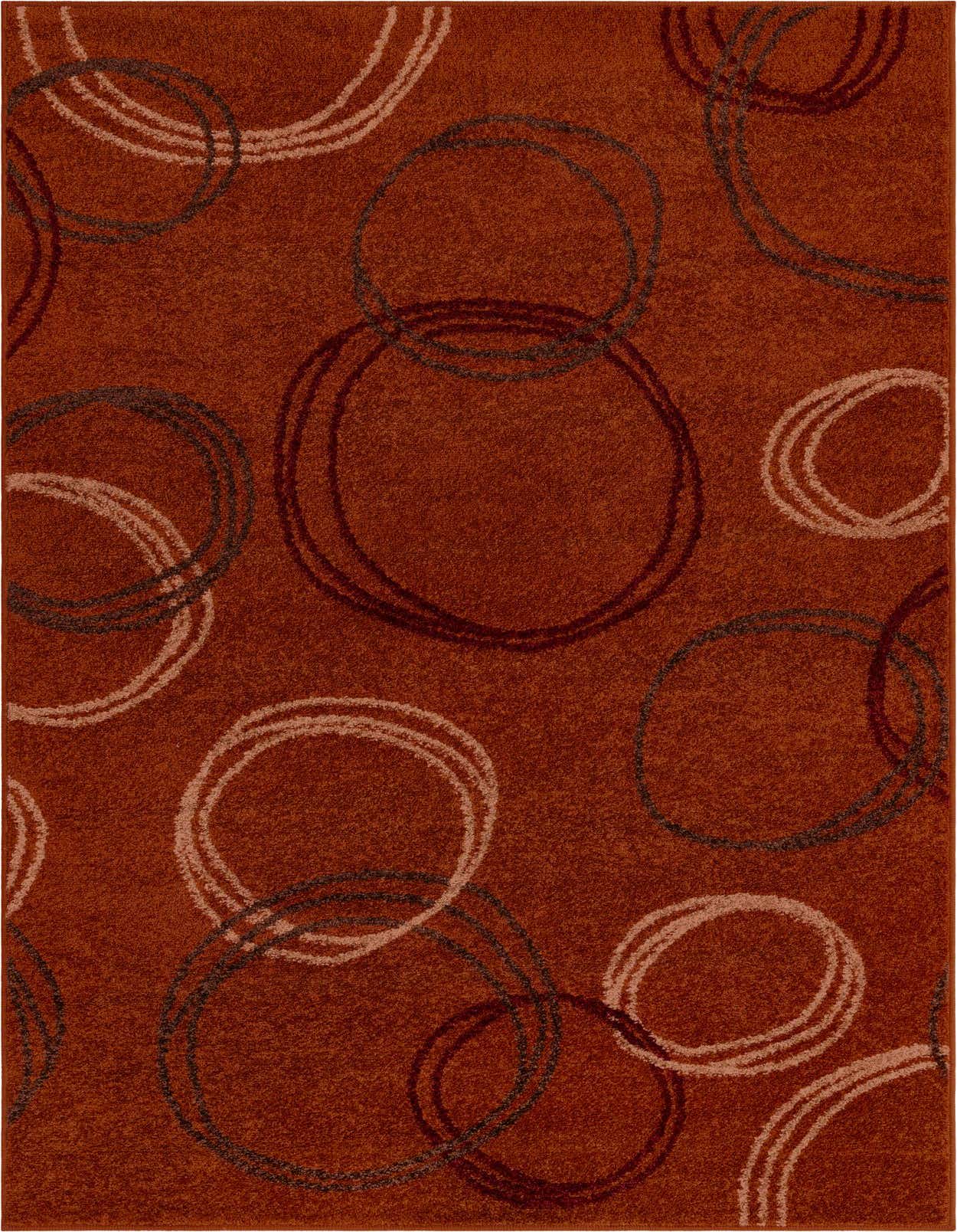 A 5x8 rectangular orange modern rug with abstract red, white, and brown overlapping circles.