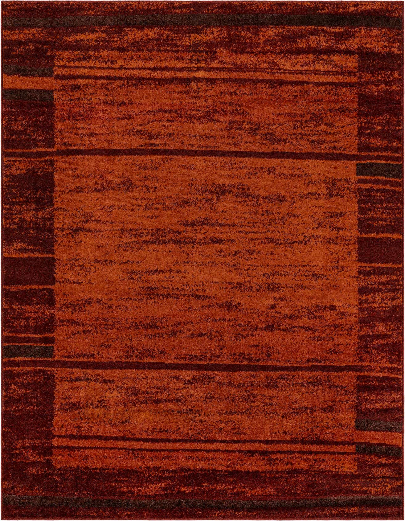 A 6x9 rectangular modern rug with a thin pile, featuring a distressed stripe pattern in shades of orange and red.