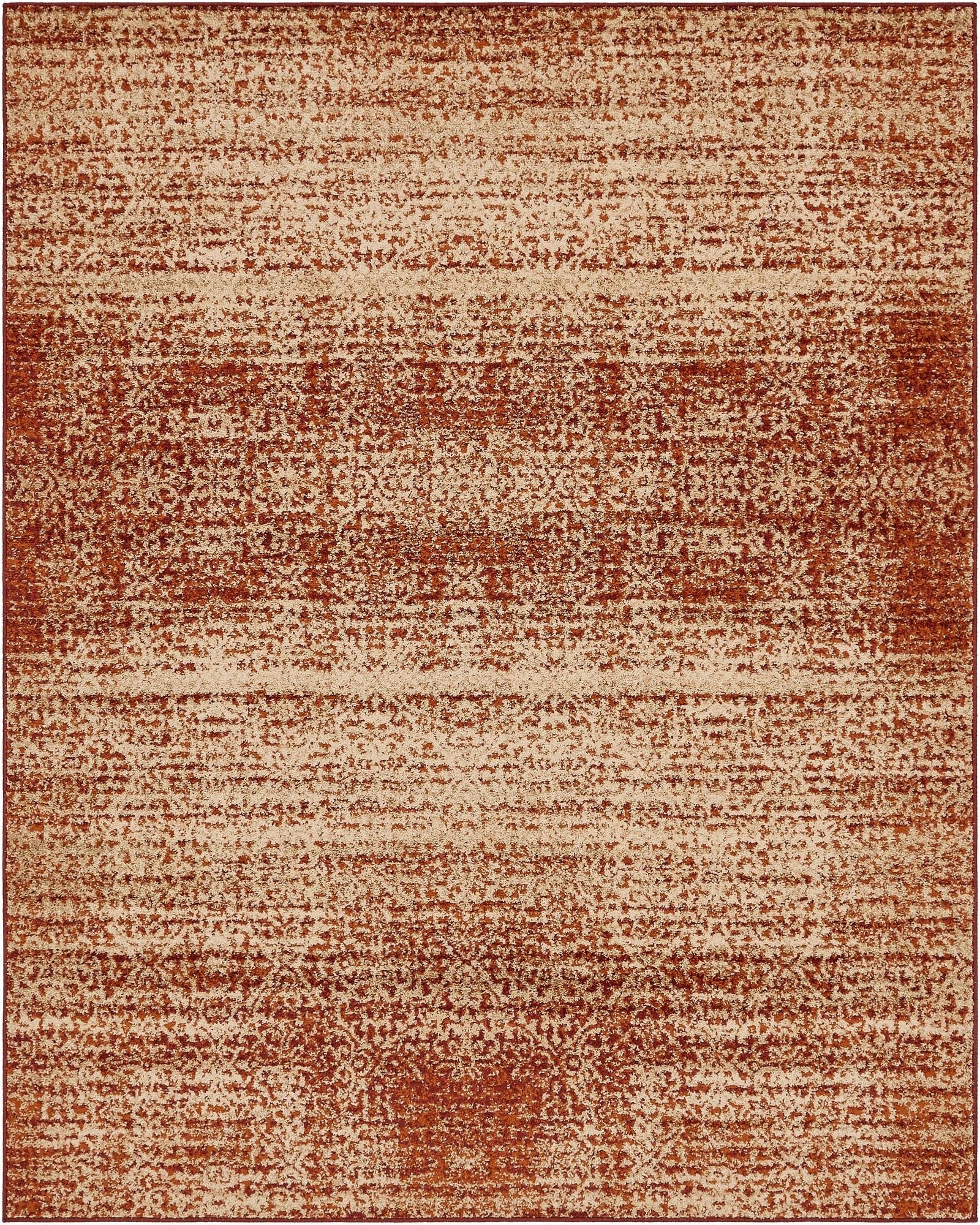 An 8x10 rectangular rug featuring an abstract, distressed pattern in varying shades of orange and red.