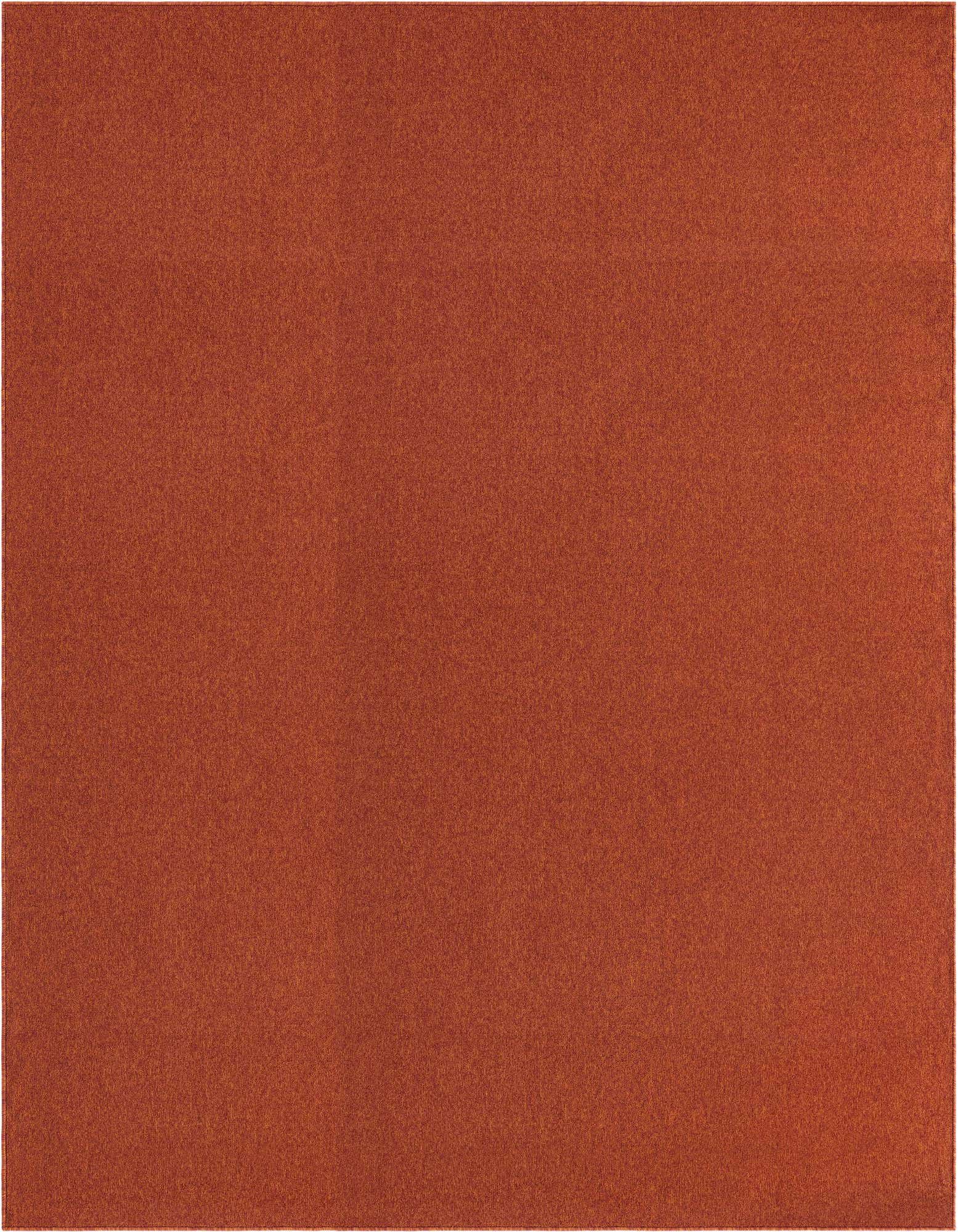 A large 8x10 rectangular solid orange area rug with a thin pile, ideal for a modern living room.