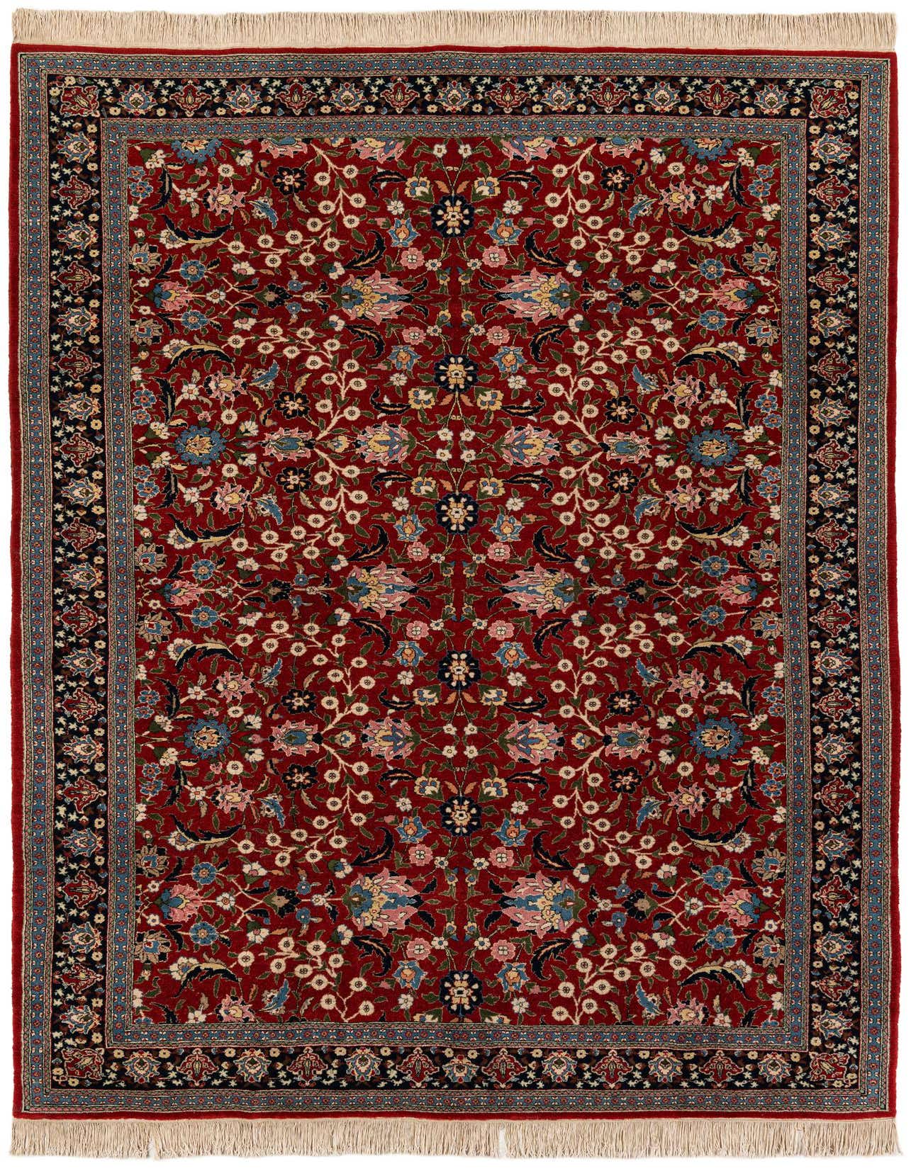 A 6x9 rectangular Oriental wool rug featuring a rich red field with intricate floral patterns and a dark border.