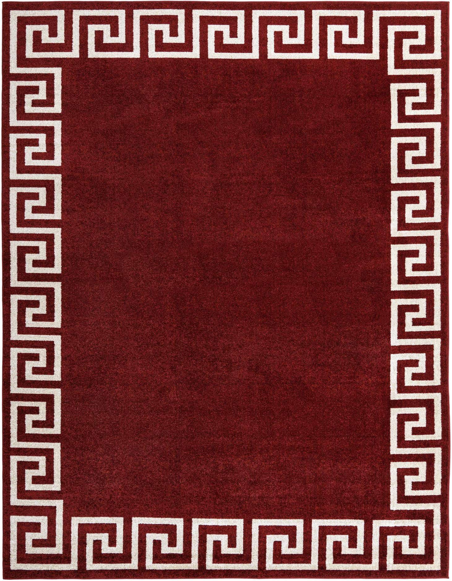 A 9x12 rectangular Hera collection rug in deep orange-red with a bold white Greek key border, suitable for a living room.