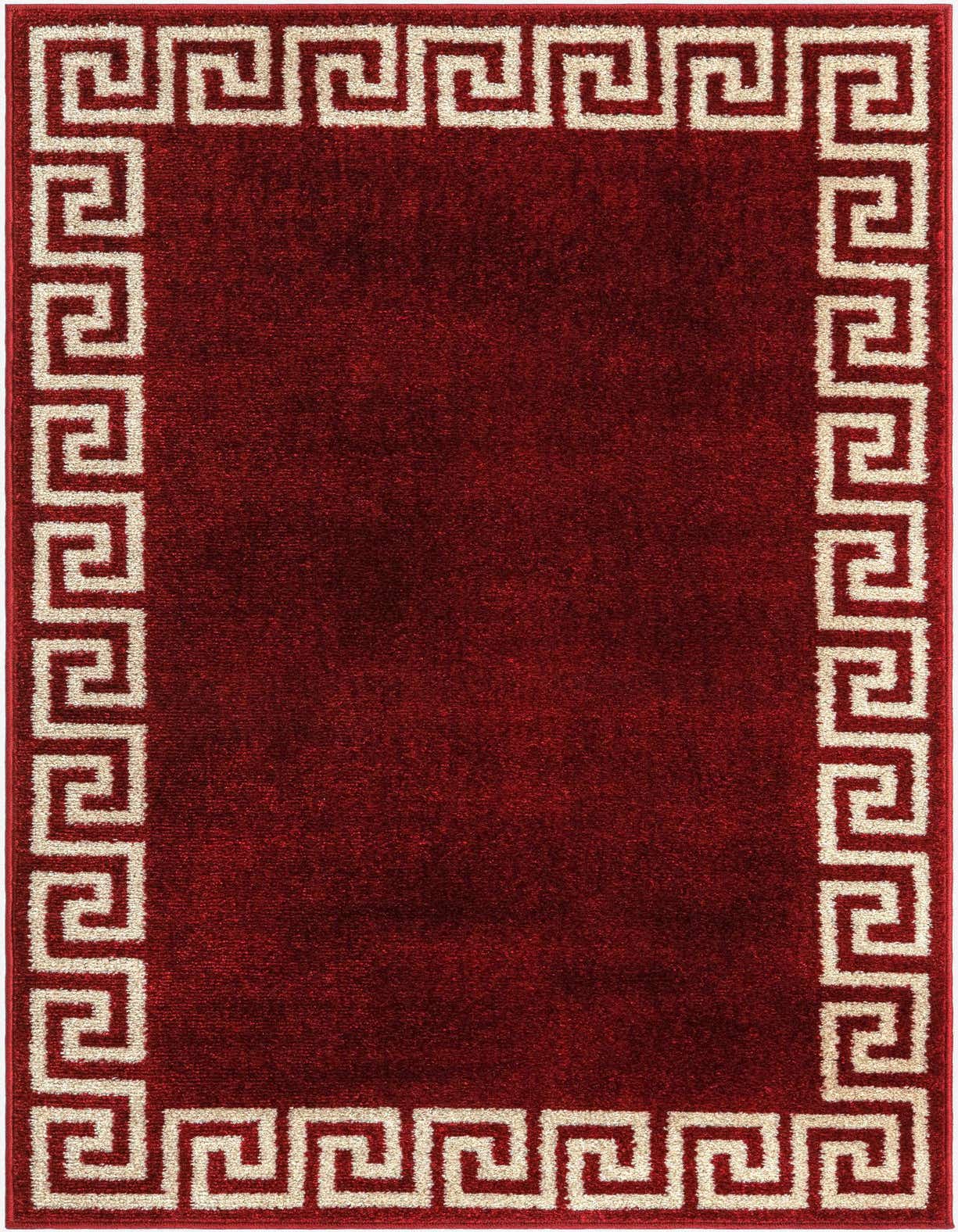A 3x5 rectangular Hera rug in deep red with a cream Greek key border, perfect for an entryway or kitchen.