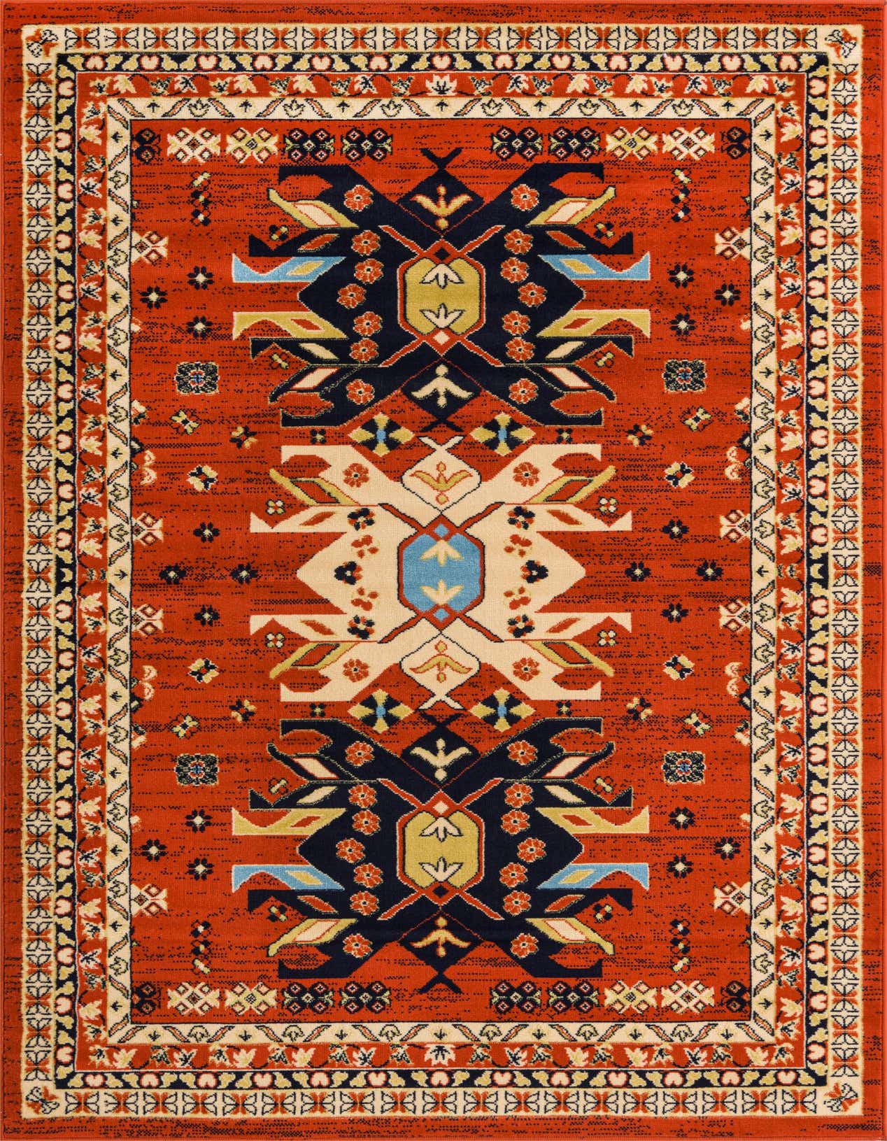 A 5x8 rectangular Heris rug featuring a vibrant orange and red field with a central navy, cream, and light blue medallion, bordered by intricate traditional patterns.