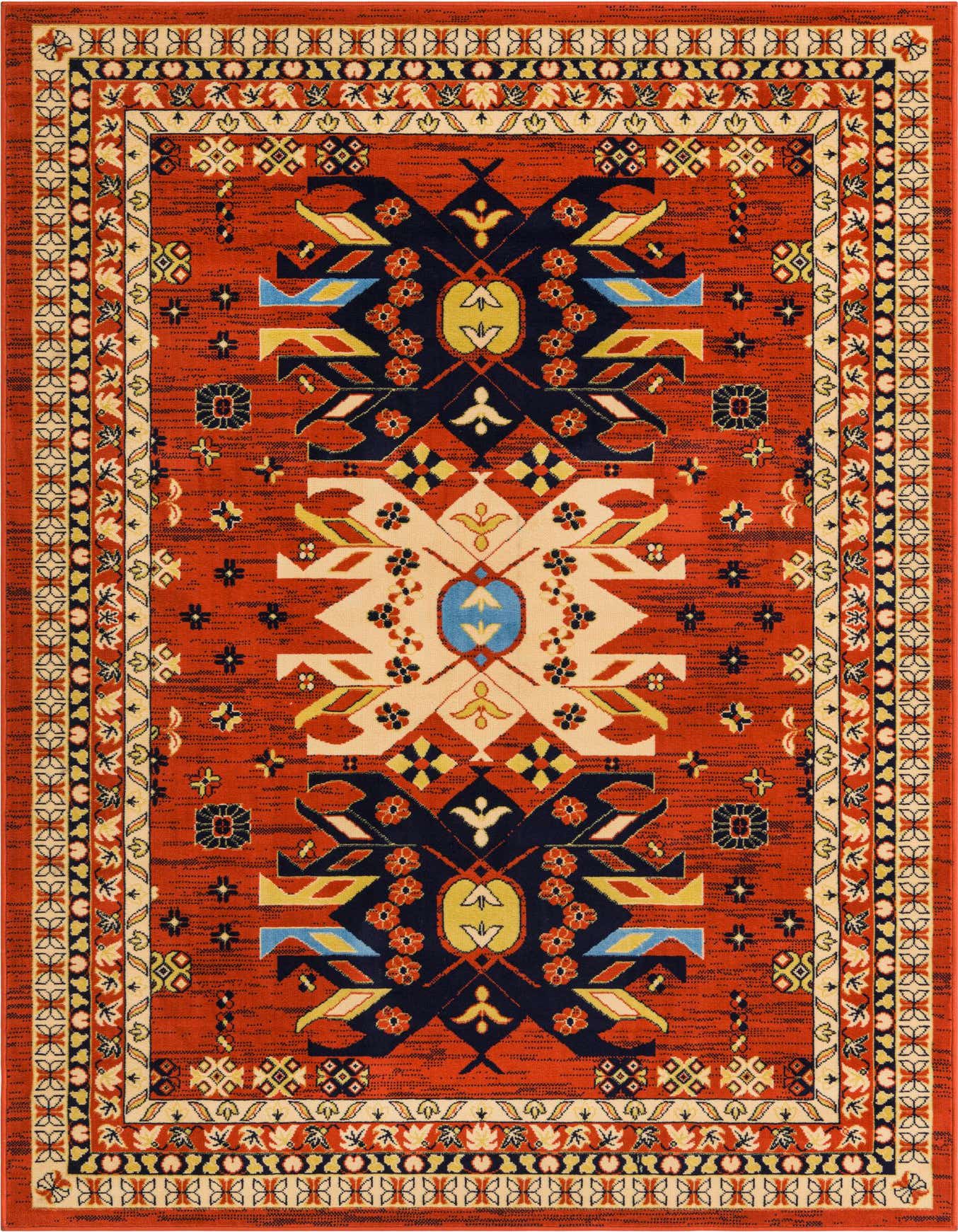 A 6x9 rectangular Heris rug featuring a vibrant orange and red background with a central navy, cream, and yellow medallion and intricate traditional borders.