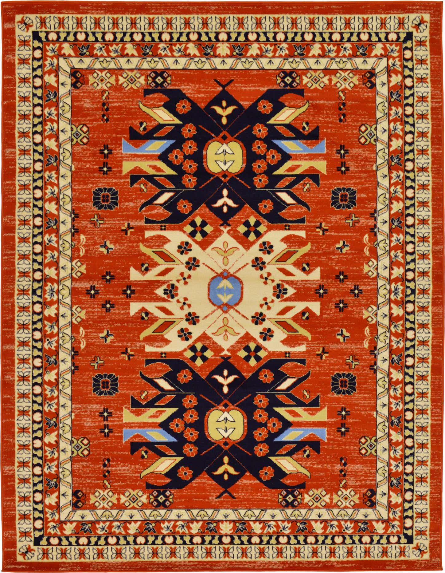 A 7x10 rectangular Heris rug featuring a traditional Southwestern medallion pattern in oranges, reds, navy, and cream.