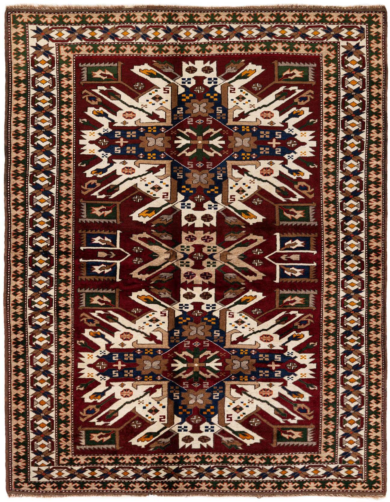 A 5x7 rectangular Heriz rug featuring a traditional Oriental pattern in oranges, reds, and cream, with intricate geometric motifs.