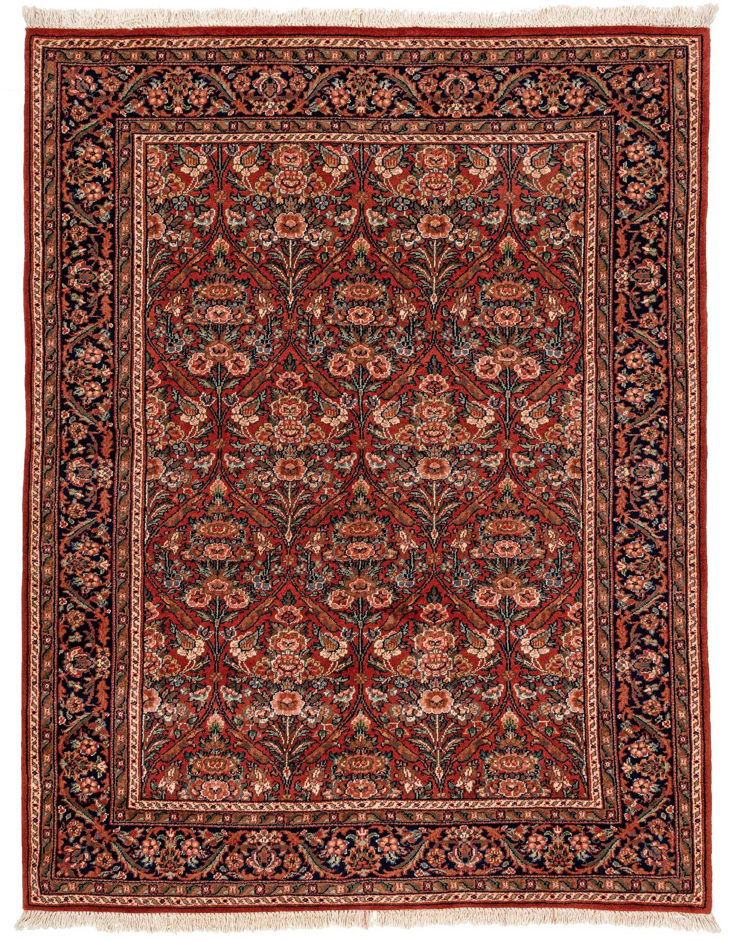 A 4x6 rectangular Isfahan rug featuring a detailed orange and red medallion pattern with a dark border.