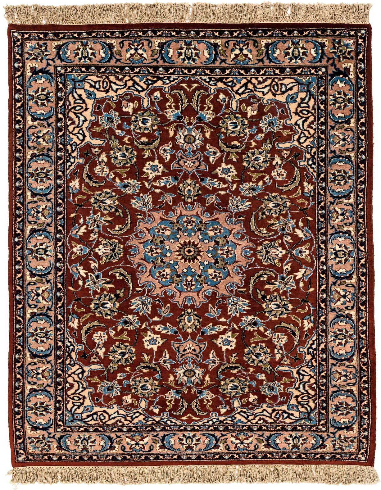 A 4x6 rectangular Isfahan rug featuring a traditional Oriental medallion pattern in rich oranges, reds, and blues with a cream border.