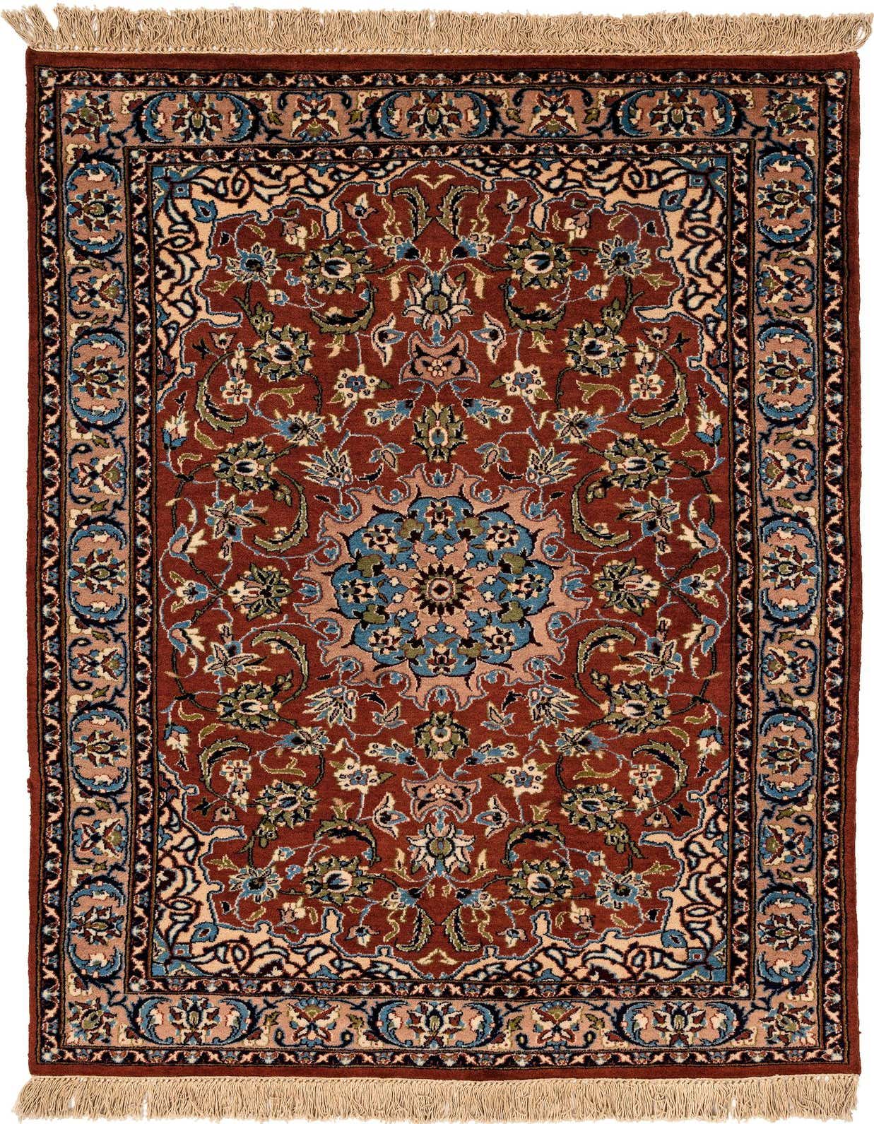 A 4x6 rectangular Isfahan rug featuring a traditional Oriental floral pattern in rich oranges, reds, and blues.
