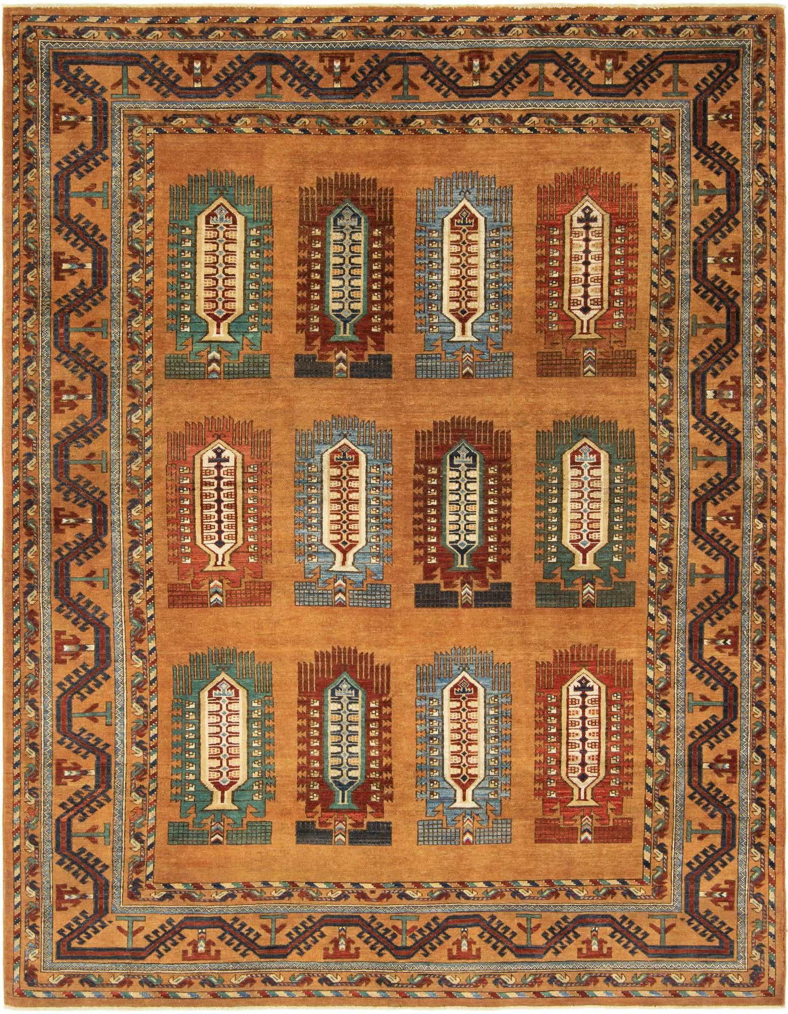 A 7x10 rectangular Rugs.com Kazak rug with an orange field and tribal motifs in red, blue, and cream, framed by a patterned border.