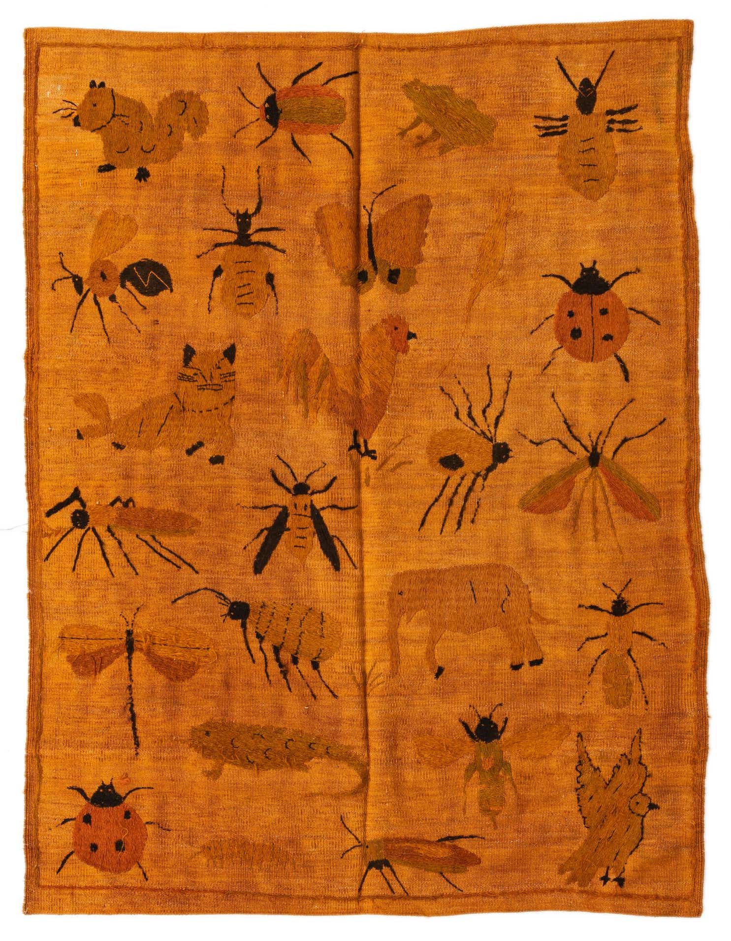 A 4x6 rectangular orange Kilim Suzani rug with various embroidered tribal animal and insect motifs, including butterflies, frogs, squirrels, and elephants.