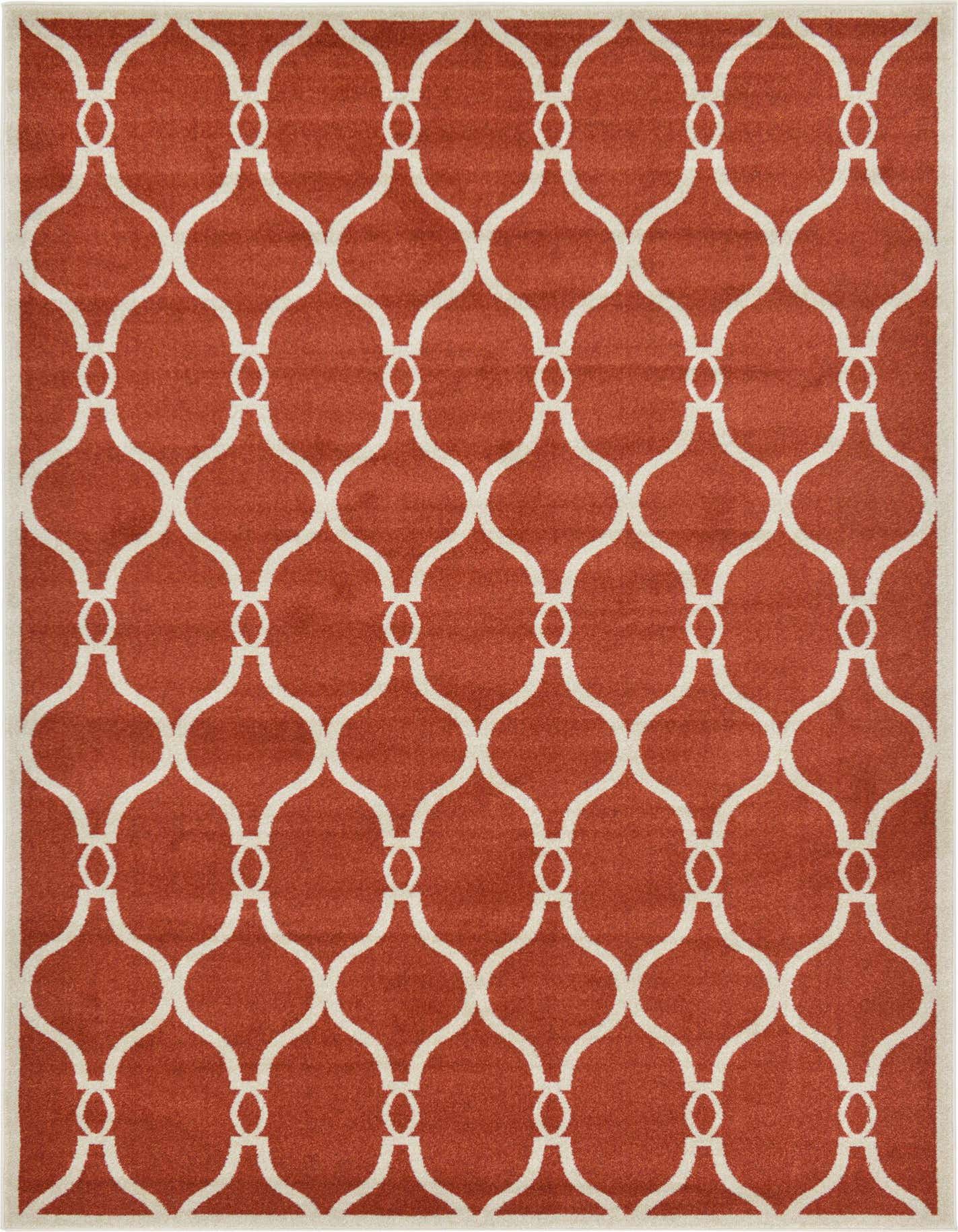 A 7x10 rectangular orange rug with a repeating off-white modern trellis pattern, suitable for a living room.