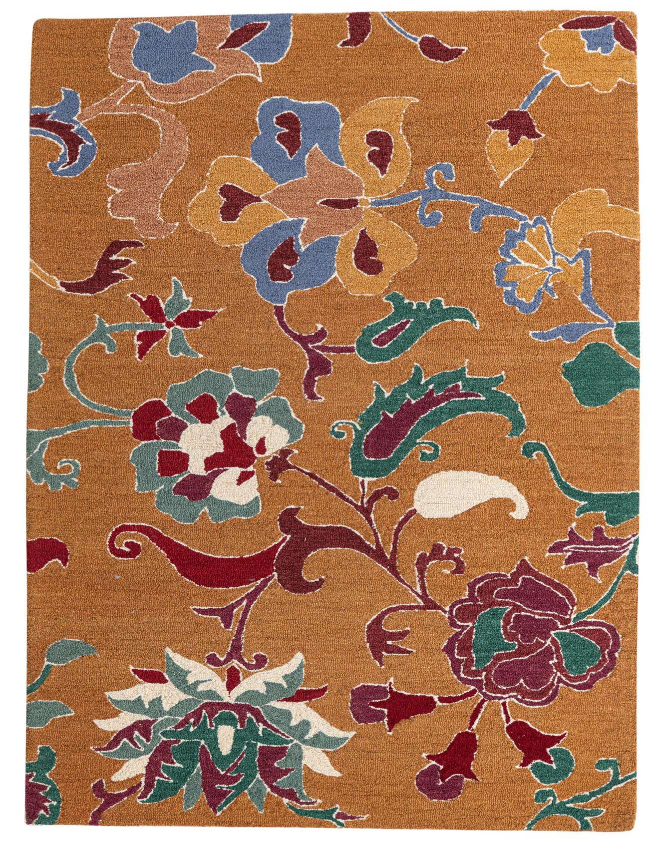 A 5x8 rectangular orange modern rug with a high pile, featuring large, colorful floral and vine patterns in shades of red, blue, green, and cream.