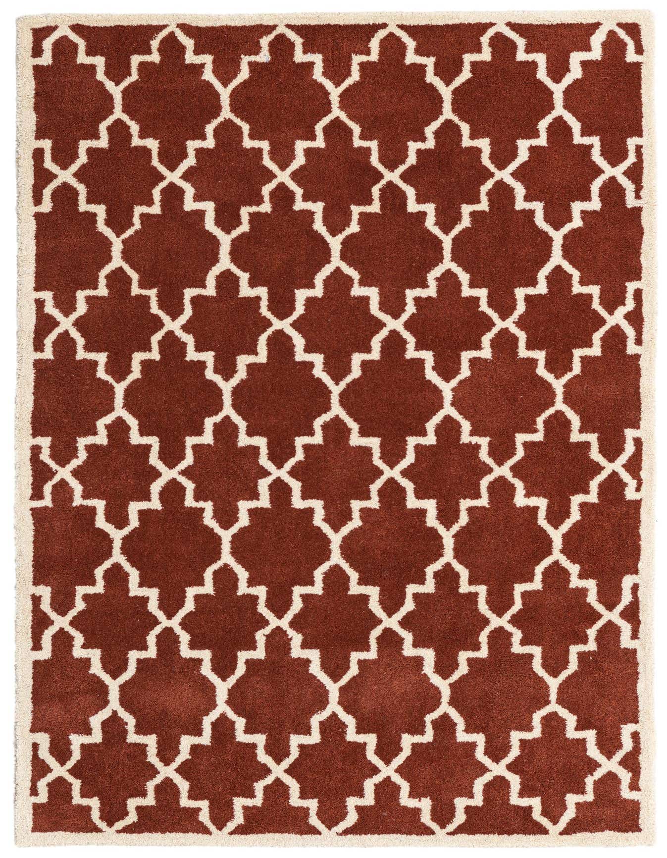 A 4x6 rectangular Luna Collection rug featuring a modern abstract pattern in deep orange-red and cream, suitable for a living room.