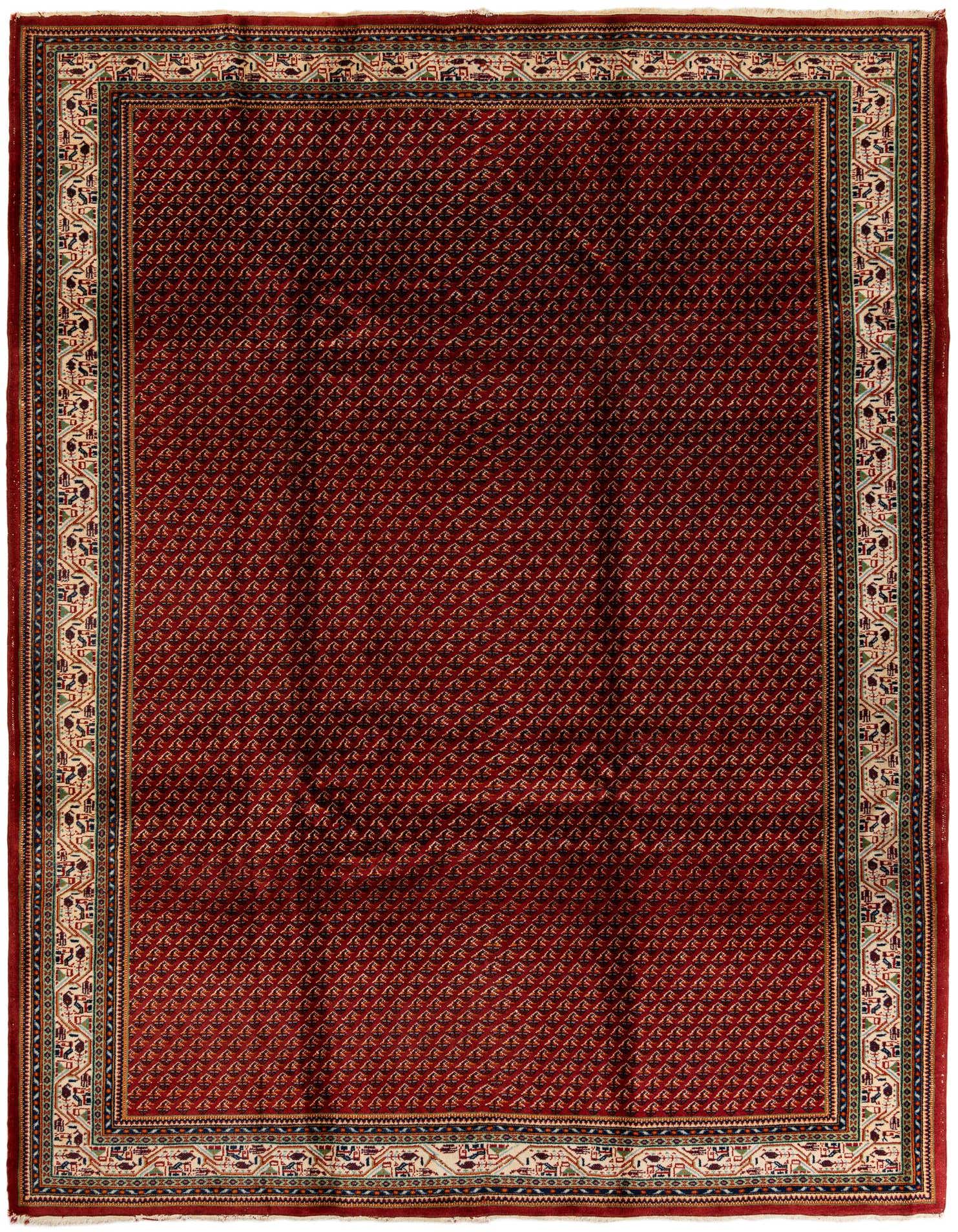 A rectangular 8x11 traditional Mir wool rug in rich oranges and reds with an intricate Oriental pattern and detailed border.