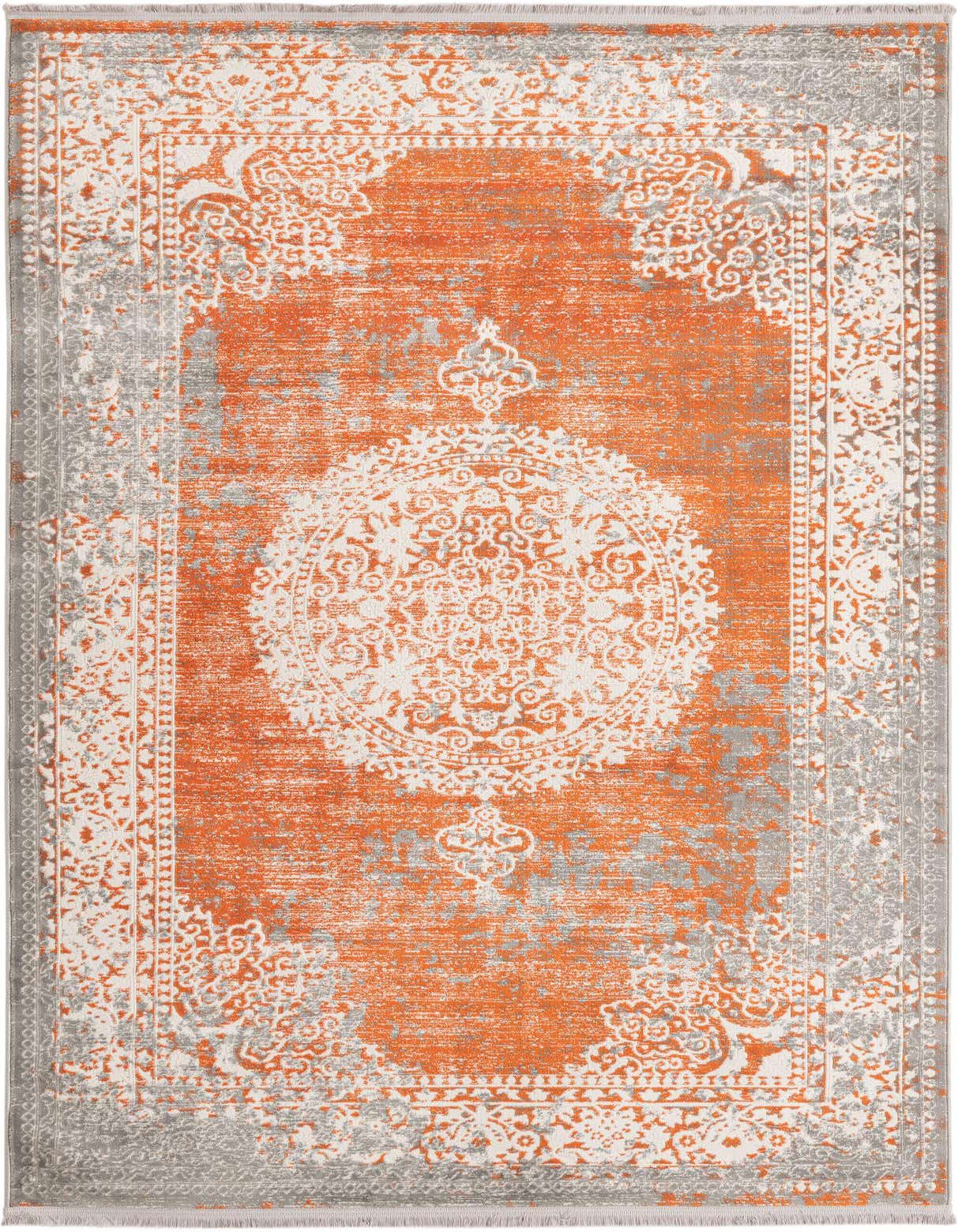 A 5x8 rectangular orange and gray area rug with a distressed traditional medallion and botanical pattern.