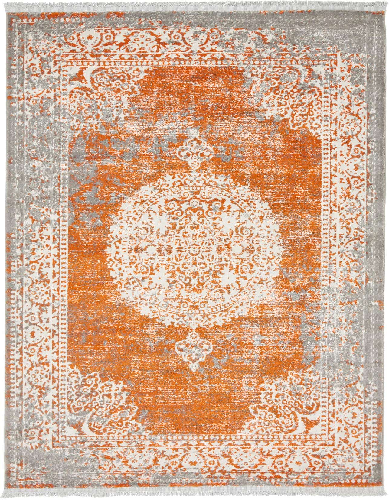 A 4x6 rectangular orange and gray area rug with a distressed traditional medallion and botanical pattern.