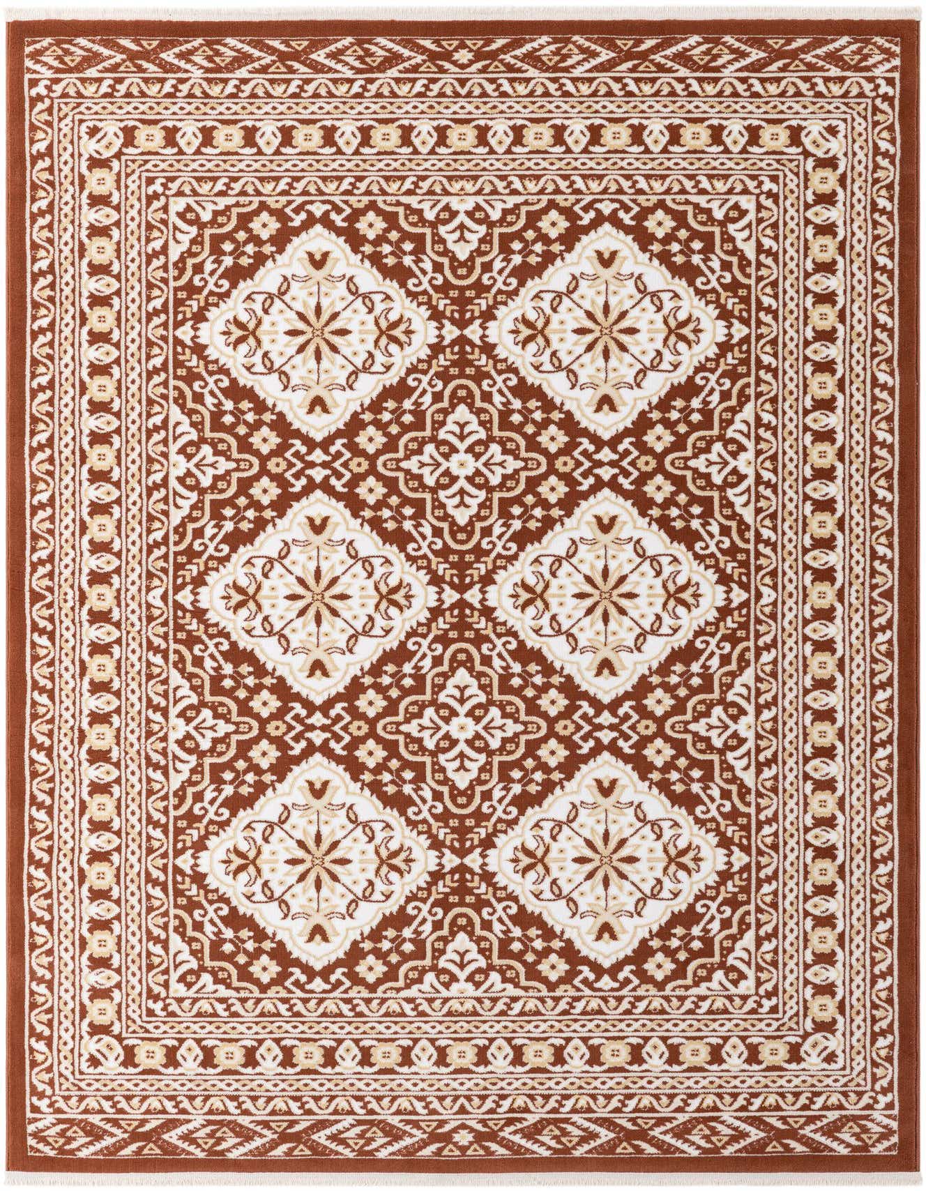 A 5x8 rectangular traditional rug in shades of orange and red with an intricate medallion and border pattern.