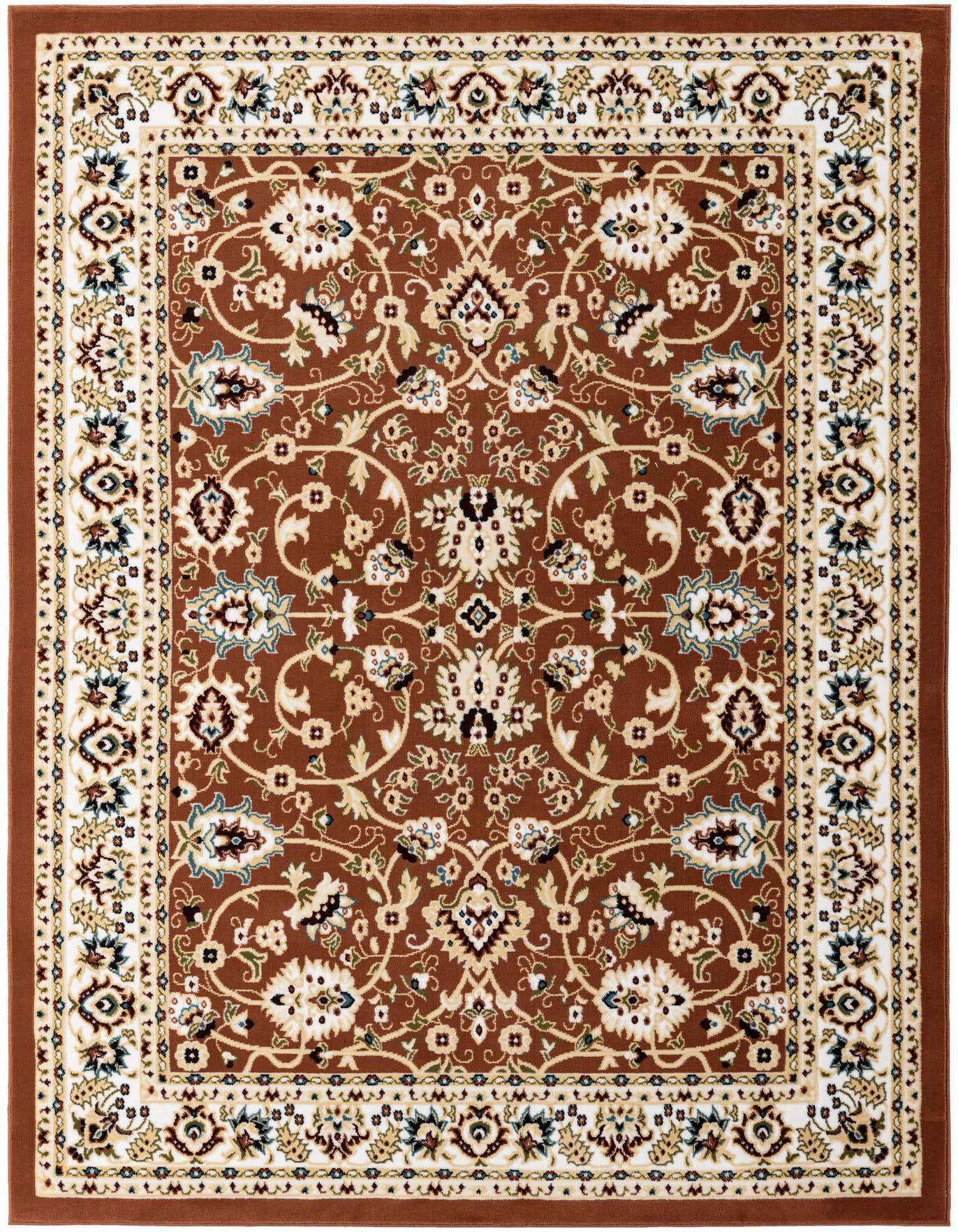 A 5x7 rectangular indoor rug with a traditional floral pattern in shades of orange, red, cream, and blue.