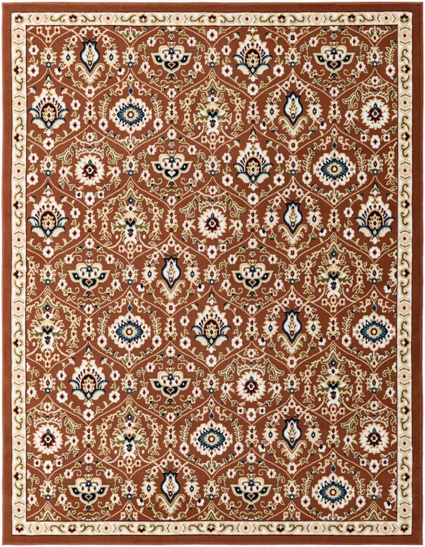 A 5x8 rectangular orange and red rug with a modern floral pattern, featuring intricate cream, blue, and green details and a decorative border.