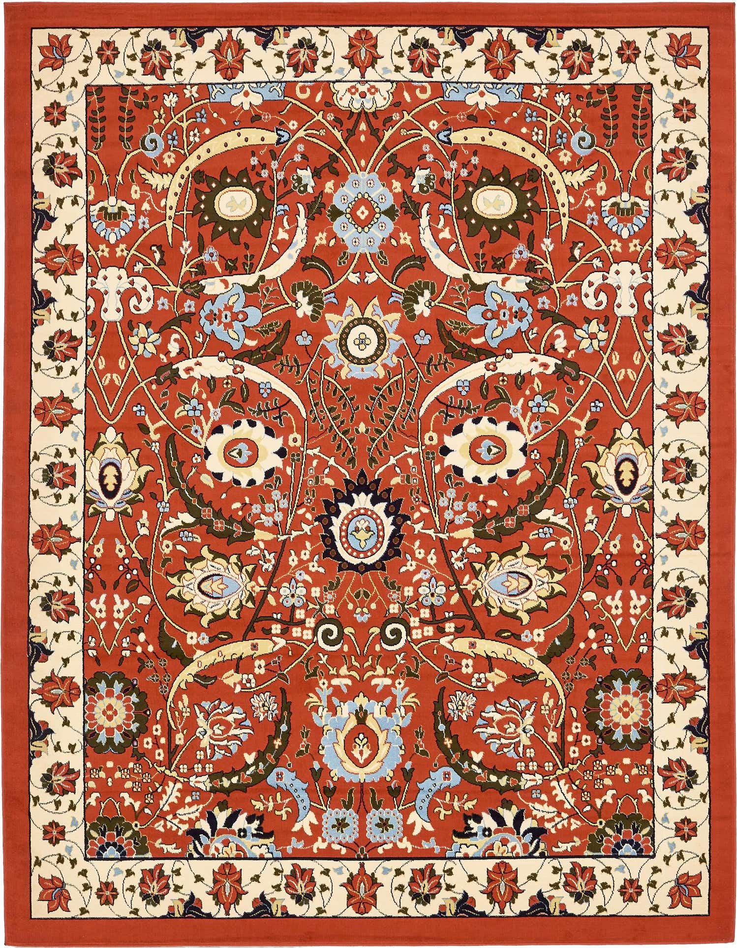 A 9x12 rectangular Neda rug in oranges and reds, featuring a detailed traditional botanical pattern with a cream border.