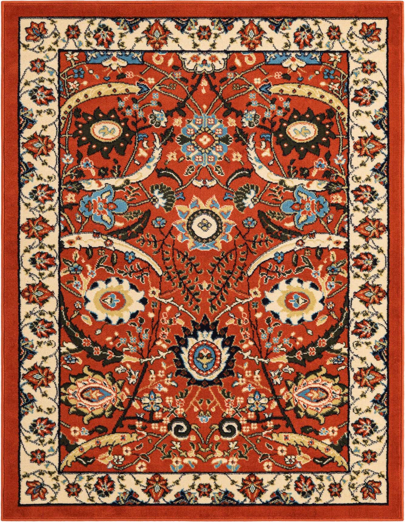A 4x6 rectangular Neda rug featuring a rich orange and red traditional botanical pattern with cream, blue, and black accents.