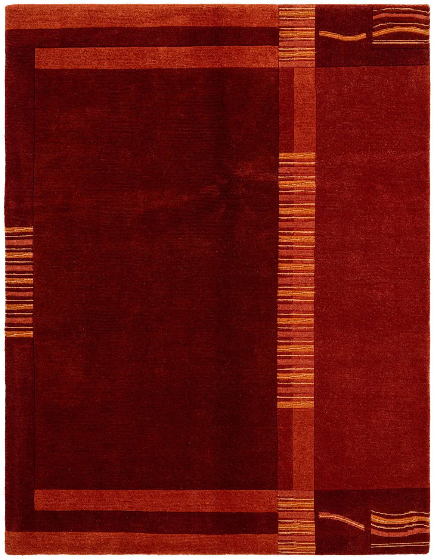 A 4x6 rectangular Nepal Collection rug in deep red and orange with a modern abstract design and striped accents.