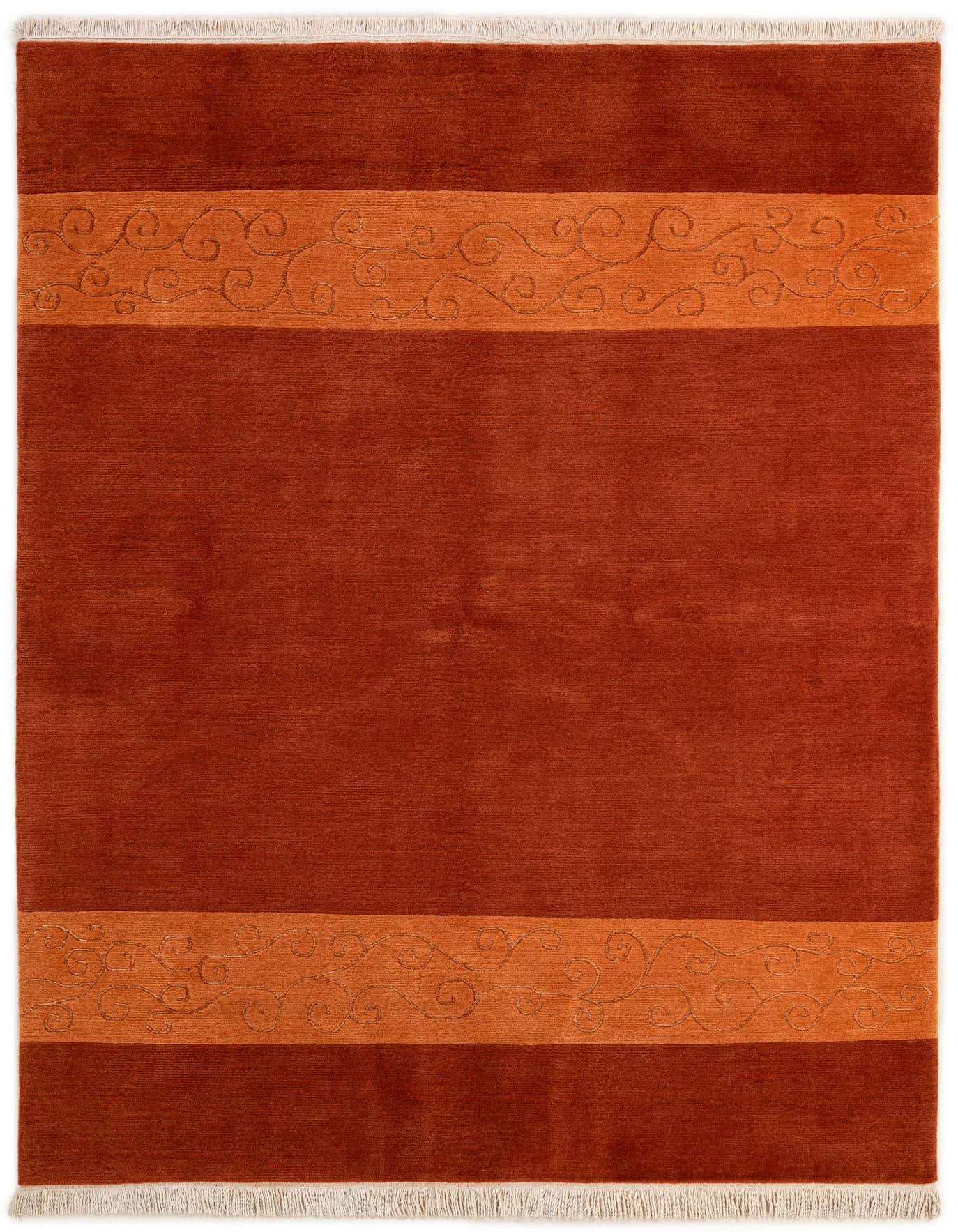A 5x8 rectangular Nepal collection rug in deep orange and red, featuring two lighter orange bands with abstract scroll patterns, and white fringe.