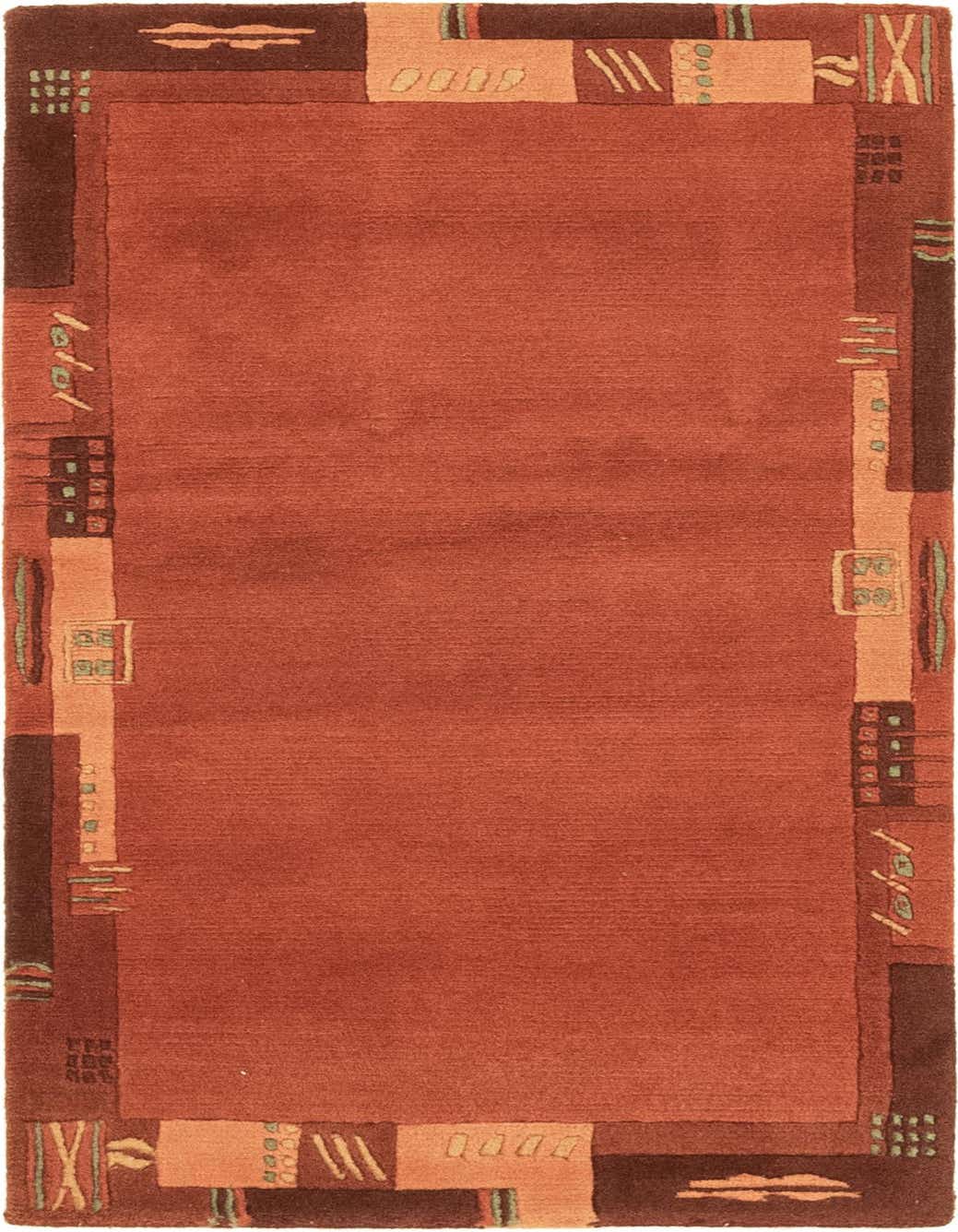 A 3x4 rectangular Nepal Collection wool rug featuring a solid orange-red center with a modern abstract border in darker reds, oranges, and subtle green accents.