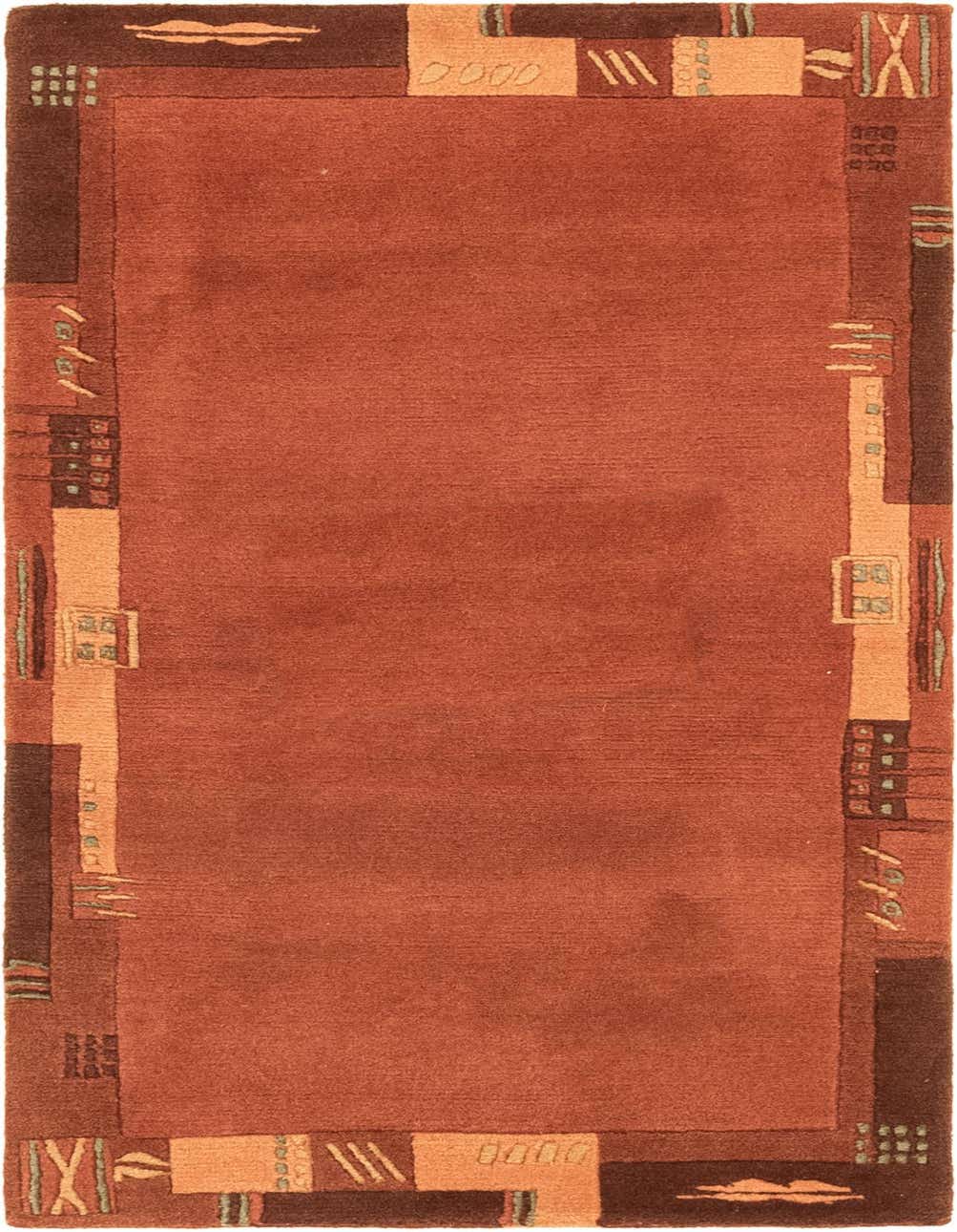 A 3x4 rectangular orange and red wool rug with a modern abstract border, suitable for indoor use.