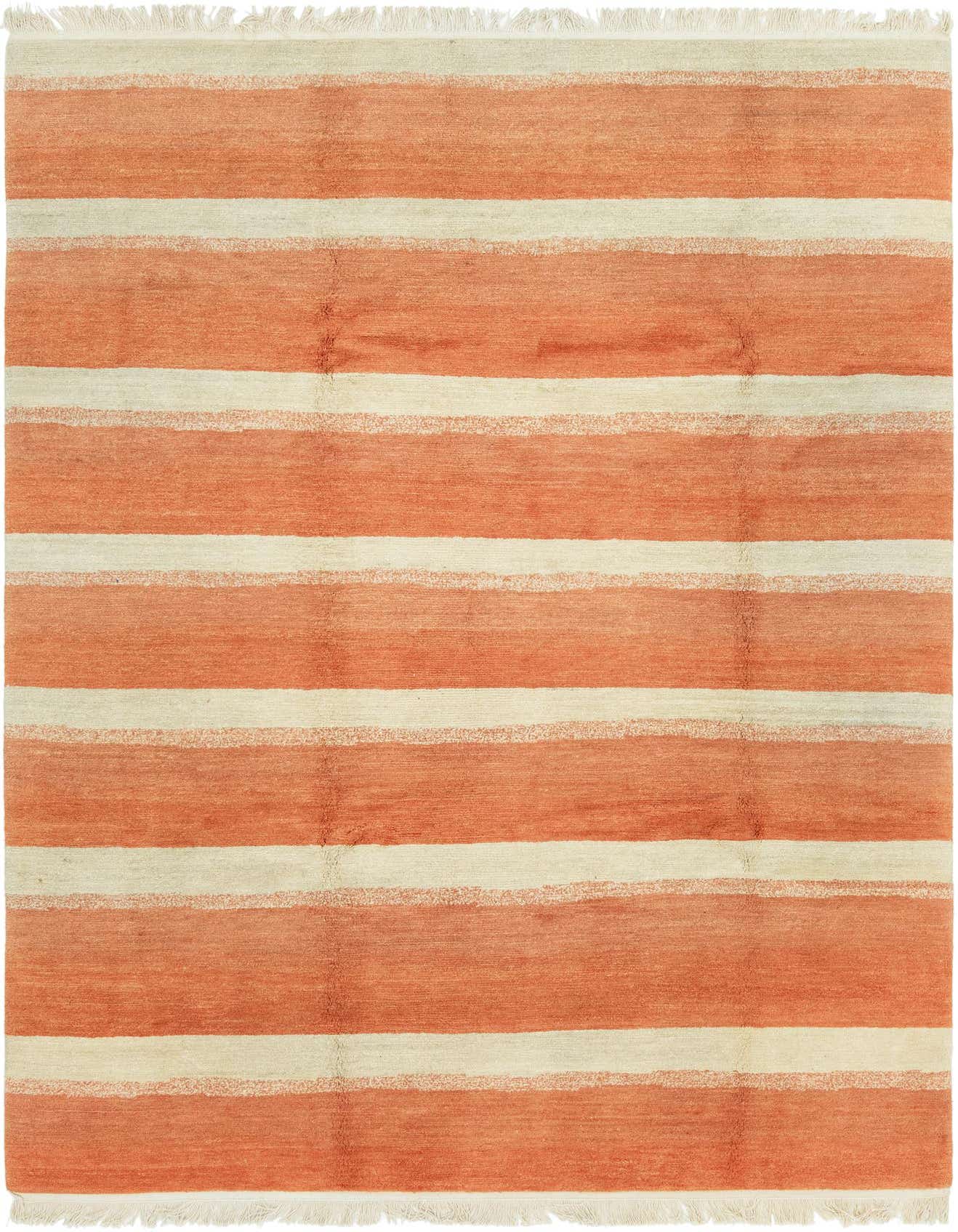 A 7x10 rectangular Nepal rug with alternating wide stripes of orange and cream, featuring a high pile and fringed edges.