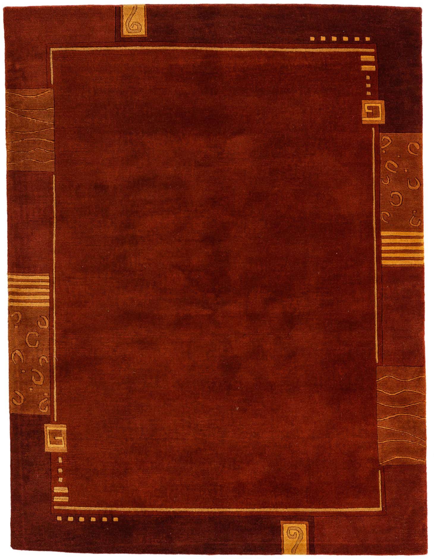 A 4x6 rectangular Nepal Collection rug featuring a rich orange-red field with a dark brown border and abstract gold accents.
