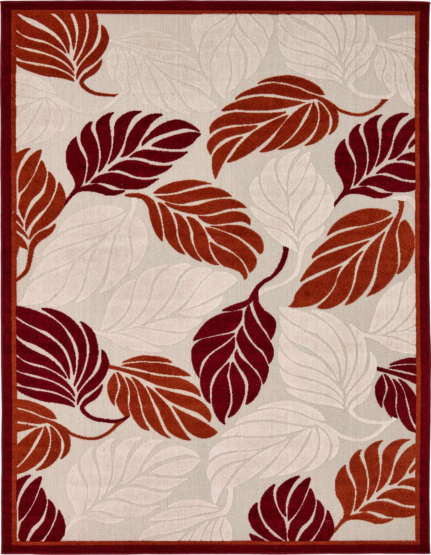 7x10 rectangular indoor/outdoor rug with a modern botanical pattern of red, orange, and cream leaves on a light background, bordered in red.
