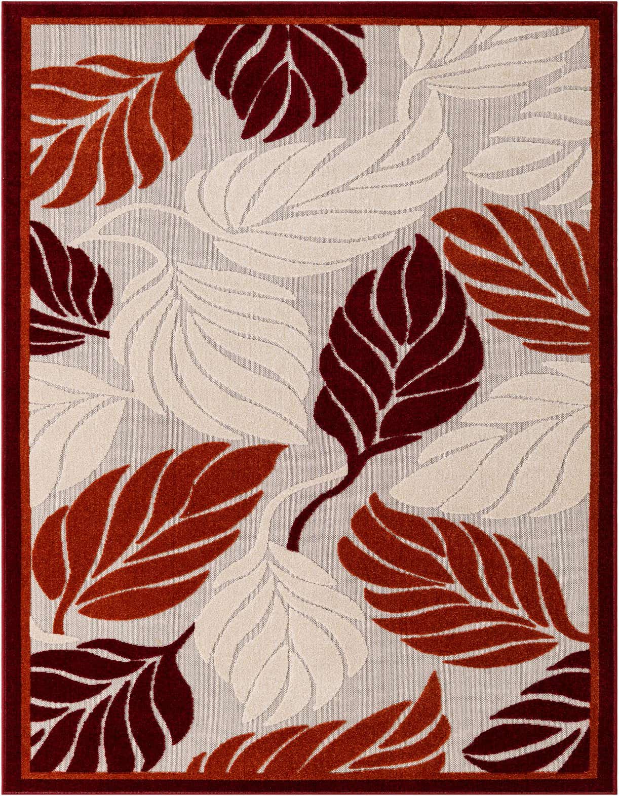 A 5x8 rectangular indoor/outdoor rug with a modern botanical pattern of large orange, red, and cream leaves on a light background, framed by a red border.