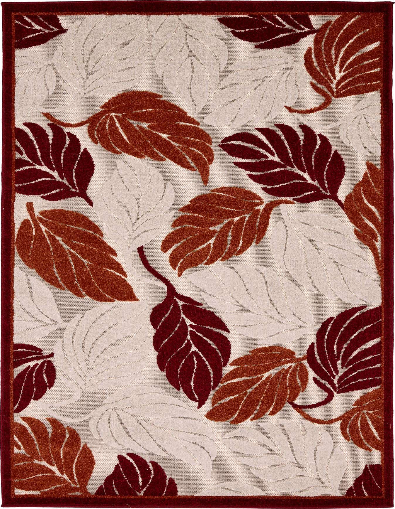 A 4x6 rectangular indoor/outdoor rug featuring an orange, red, and cream botanical leaf pattern with a textured pile.