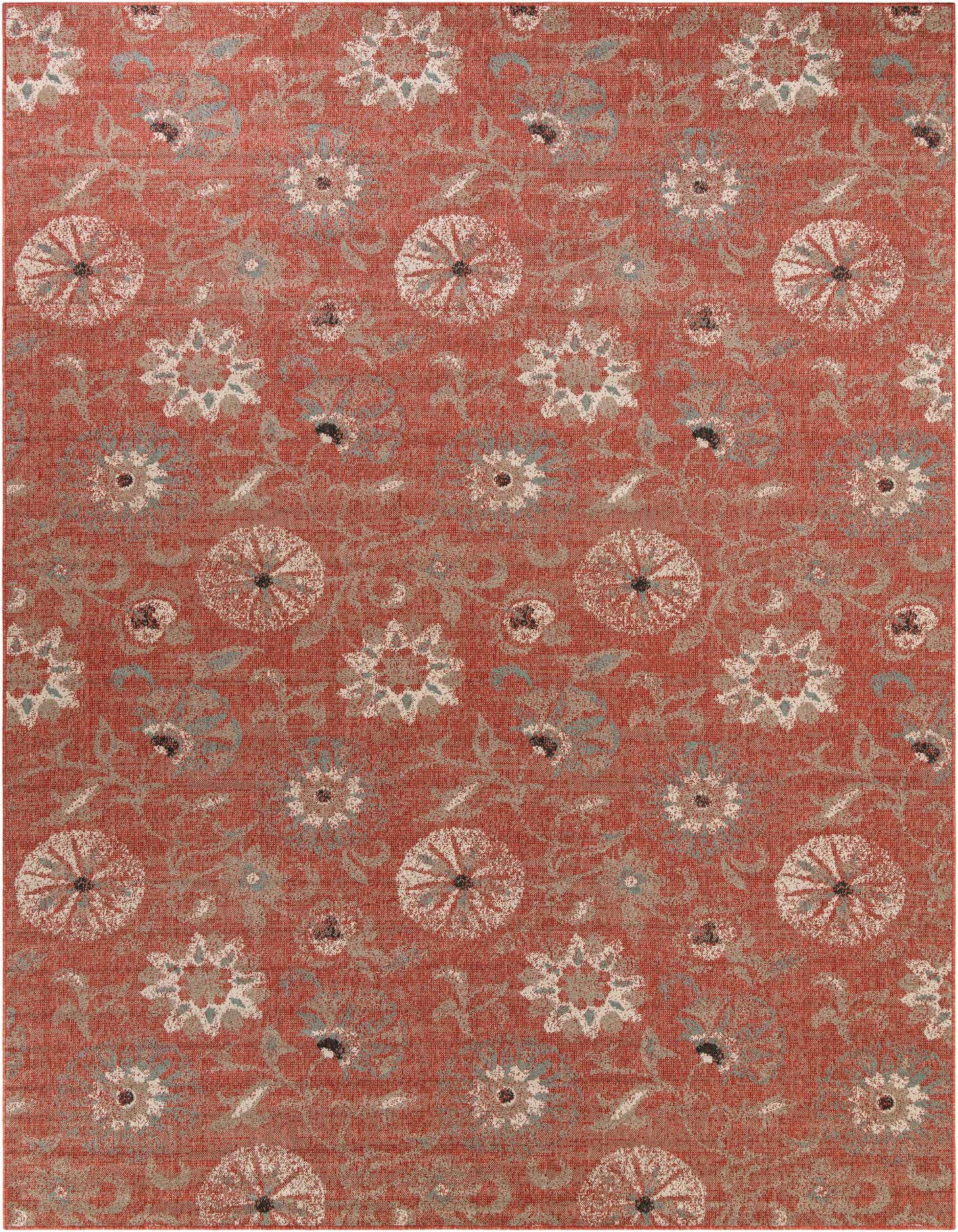 A 10x14 rectangular Outdoor Botanical rug in shades of orange and red, featuring a modern floral pattern.