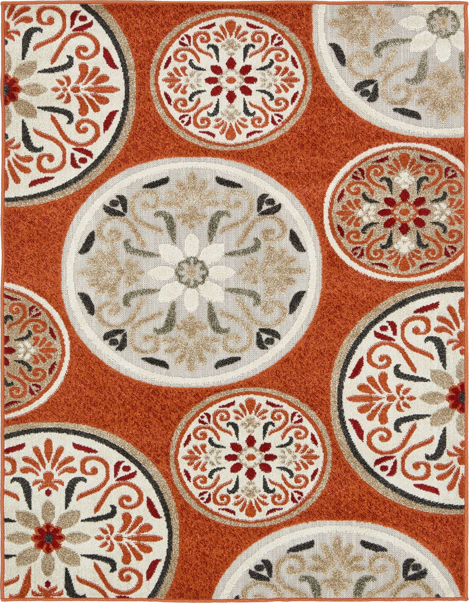 A 4x6 rectangular orange rug with large and small cream-colored medallions featuring botanical and floral patterns in red, orange, and black.