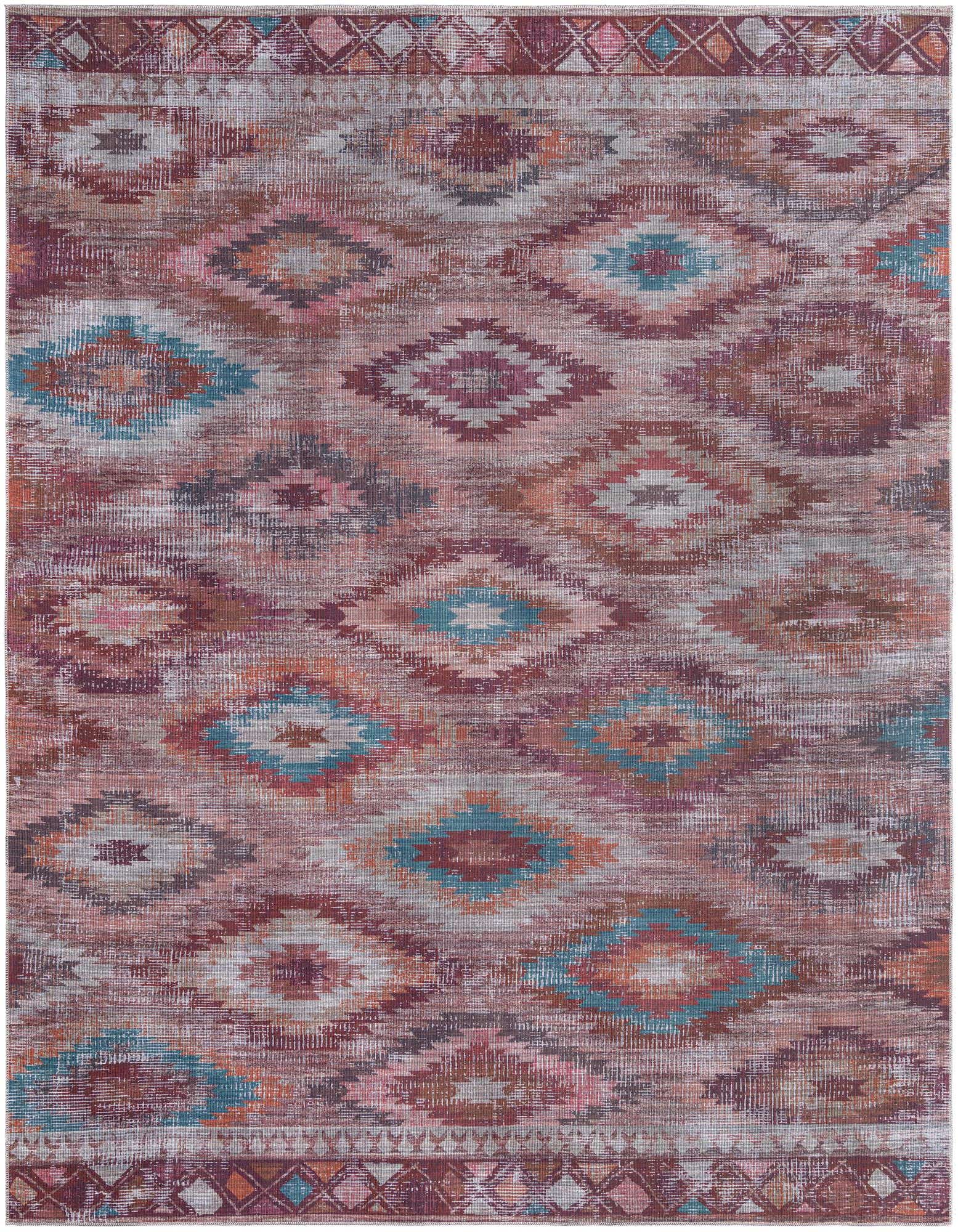 A 10x13 rectangular Sisu rug with a distressed Southwestern and tribal pattern in shades of orange, red, and teal.