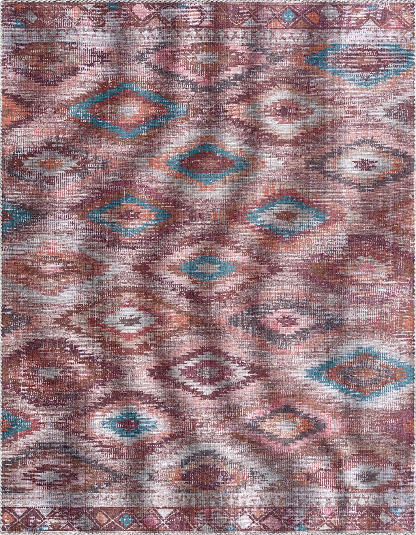 A 7x10 rectangular Sisu rug featuring a distressed Southwestern tribal pattern in shades of orange, red, and teal, suitable for a living room.