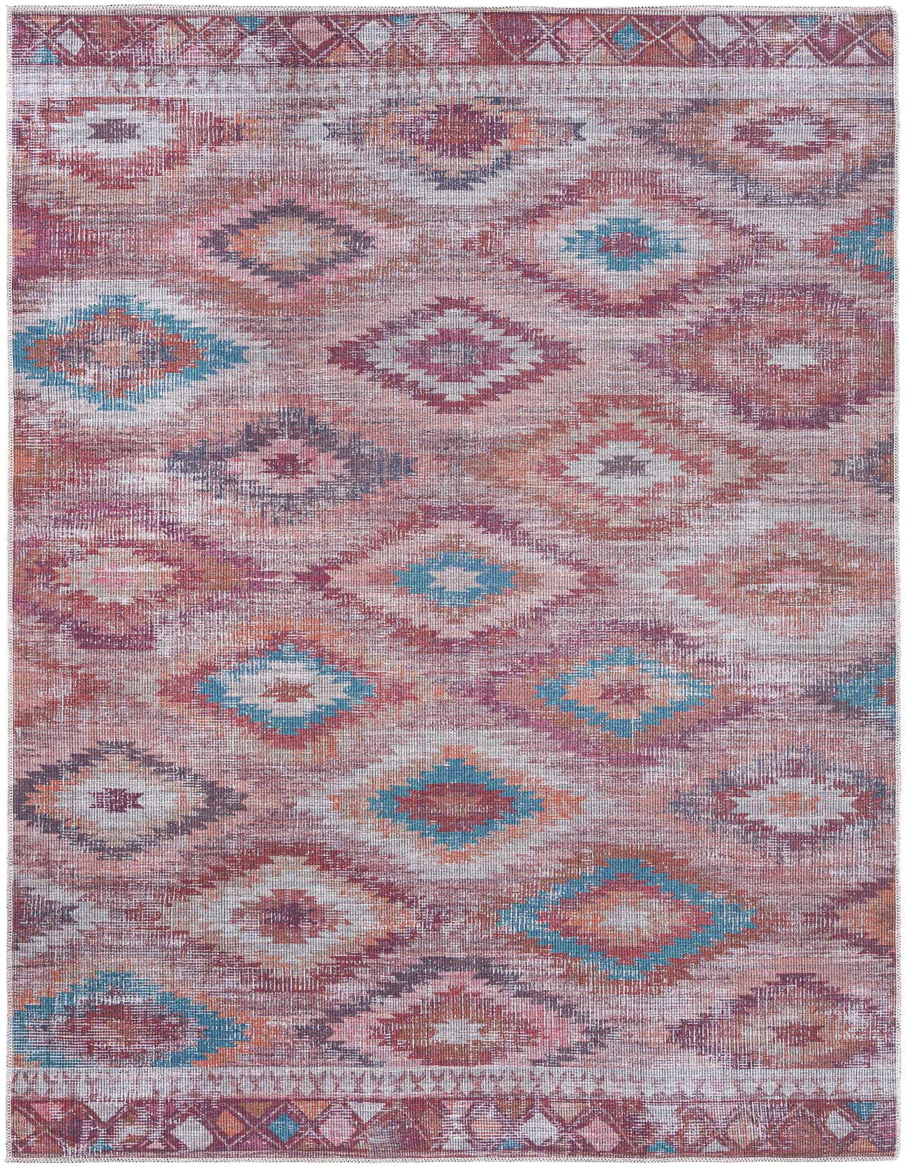 A 6x9 rectangular Rugs.com Sisu rug featuring a distressed Southwestern tribal pattern in oranges, reds, and blues.