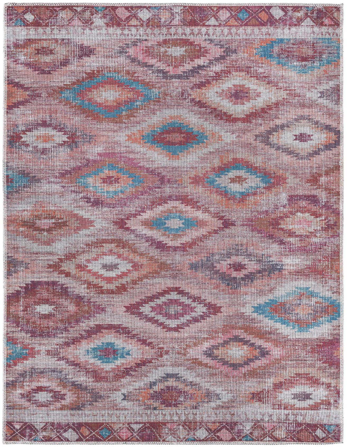 A 4x6 rectangular Southwestern rug featuring a distressed tribal pattern in oranges, reds, and teal.