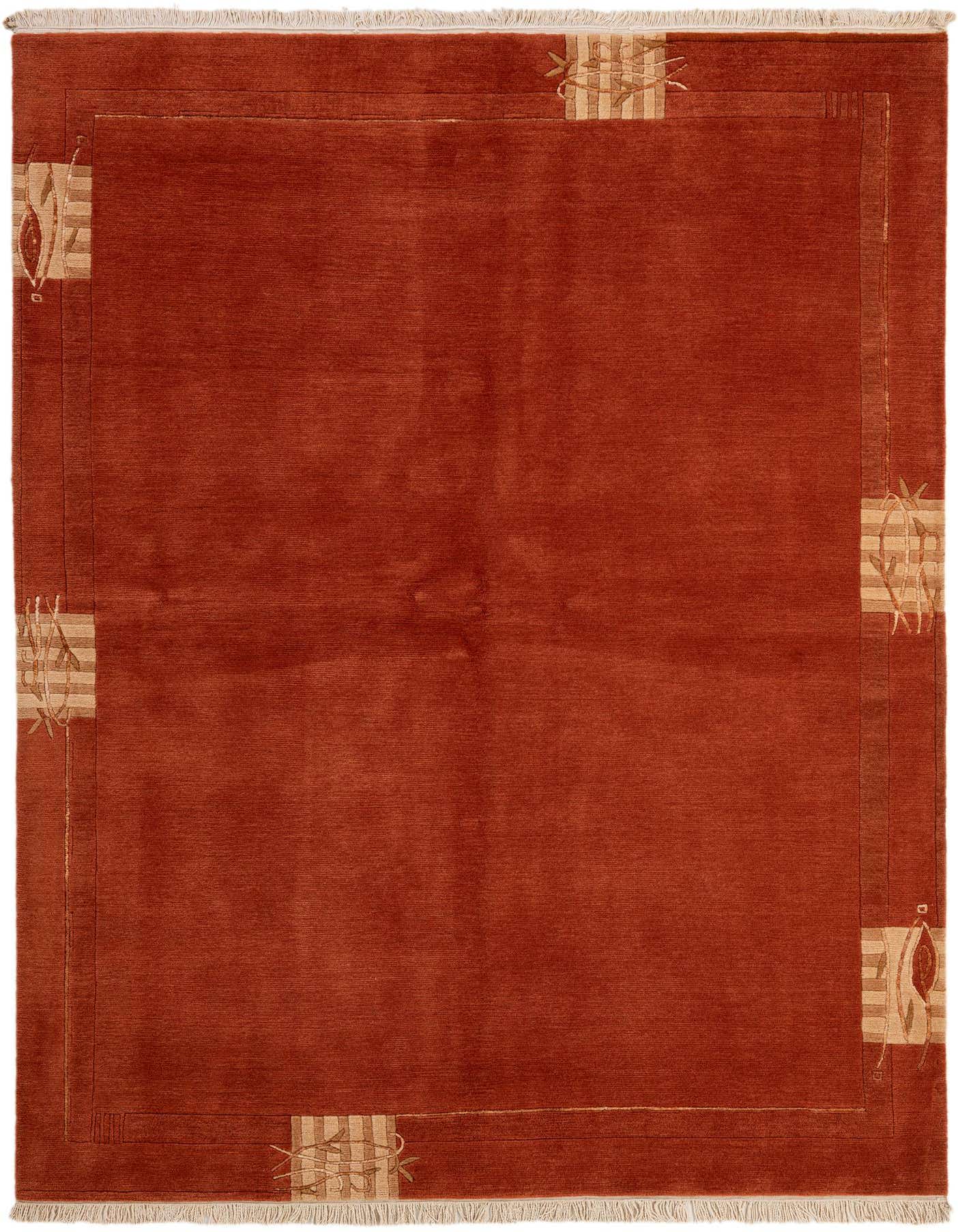 A 5x8 rectangular orange and red modern rug with abstract oriental patterns in the border, suitable for a living room.