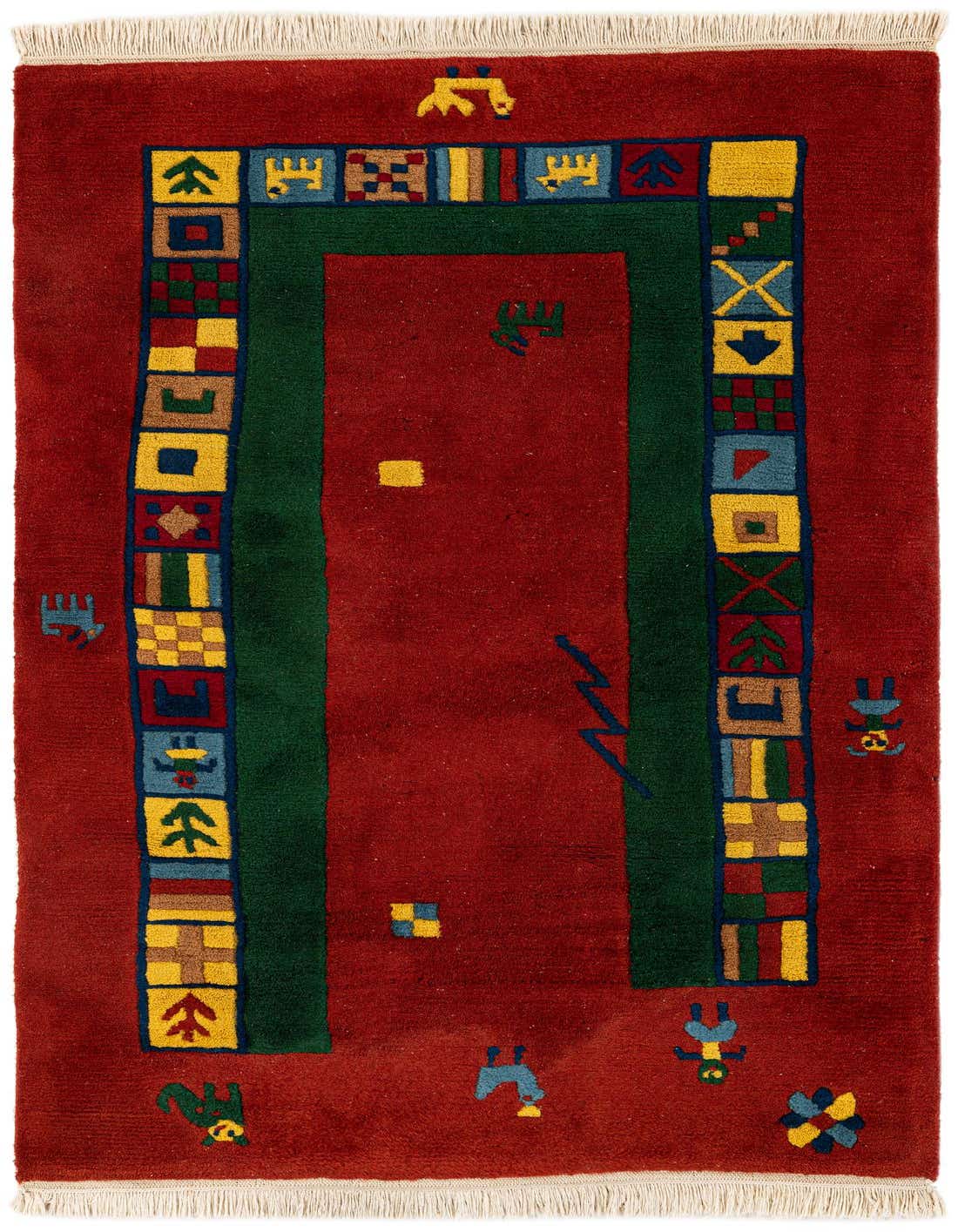 A 3x5 rectangular orange and red wool rug with a green border featuring colorful geometric and abstract patterns, ideal for an entryway.