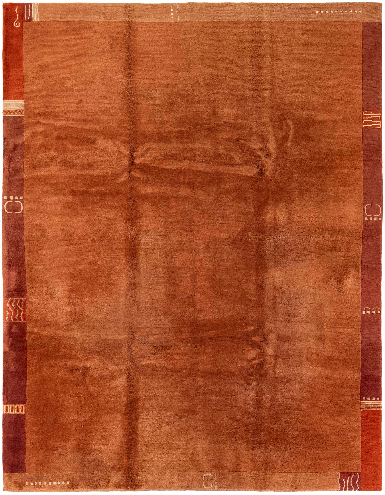 An 8x11 rectangular modern oriental rug in shades of orange and red, featuring abstract patterns along the border.